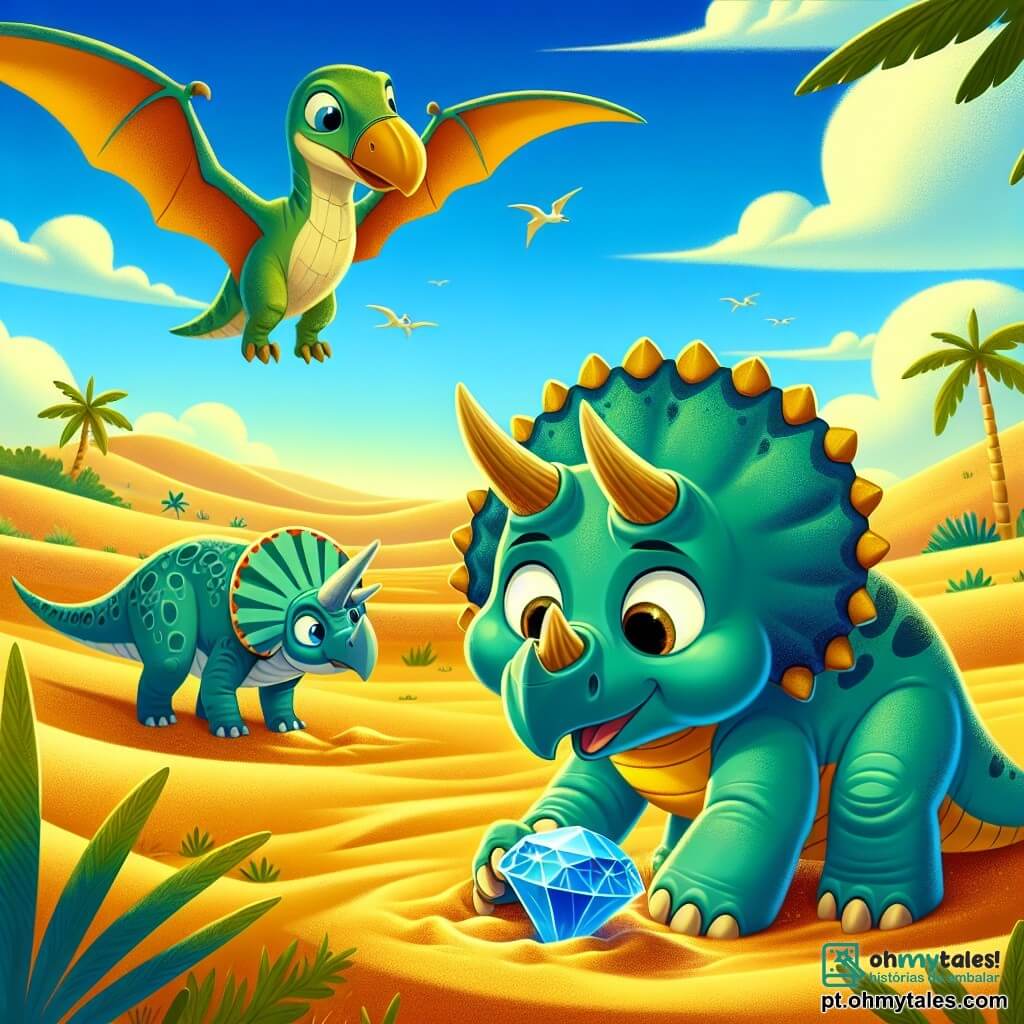Um jovem tricerapto chamado Tiro, com pele verde brilhante e folhas de carvalho nas costas, observa com admiração uma pedra preciosa azul brilhante que ele encontrou na areia. Seus grandes olhos redondos expressam curiosidade e excitação, enquanto usa seus poderosos chifres para cavar no solo. Ao seu lado, um pterodáctilo chamado Ptero, com asas coloridas e bico afiado, voa em círculos acima dele, observando atentamente a cena e pronto para ajudar seu novo amigo. Não muito longe, um estegossauro chamado Stego, com placas dorsais em forma de escudo, está em uma pequena colina, sorrindo e incentivando Tiro em sua busca. O cenário é um vasto deserto pré-histórico, com dunas de areia dourada se estendendo até onde a vista alcança, salpicadas de algumas palmeiras e um céu azul brilhante. A cena principal mostra Tiro descobrindo a pedra preciosa, símbolo de uma aventura que os levará a um tesouro escondido, enquanto seus amigos o incentivam a explorar mais.