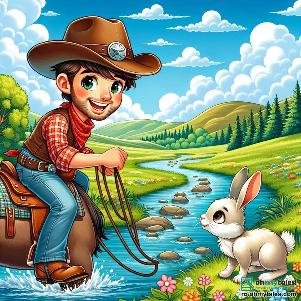 Un cowboy pe nume Alex, de aproximativ 30 de ani, cu un zâmbet larg și ochi strălucitori, poartă o pălărie de cowboy maro, o cămașă în carouri roșii și o pereche de blugi uzați. El traversează un pârâu călare, având pe față o expresie de bucurie și aventură. Lângă el, un iepuraș alb, cu urechi mari și ochi curioși, îl privește cu recunoștință, stând pe marginea pârâului, pregătit să-l urmeze. Peisajul este o pajiște verde, presărată cu flori colorate sub un cer albastru strălucitor, cu nori albi plutind ușor. În fundal, se văd coline blânde și o pădure deasă la orizont. Situația principală îl arată pe Alex ajutând iepurașul să traverseze pârâul pentru a-și găsi drumul spre casă, ilustrând un moment de camaraderie și curaj într-un cadru natural încântător.