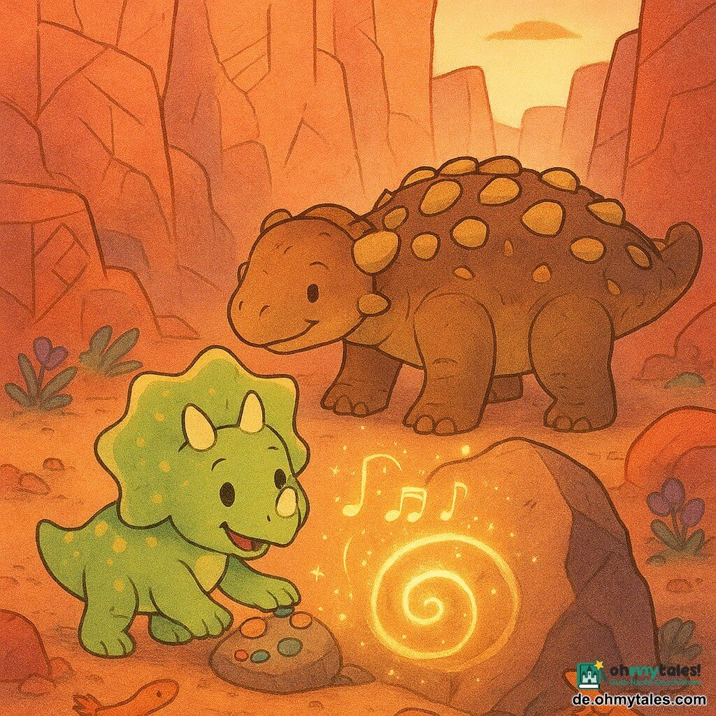 Tilo, ein fröhlicher, neugieriger kleiner Triceratops mit hellgrüner, gelb gesprenkelter Haut, drei runden Hörnern und herzförmigem Kragen, legt lächelnd bunte Kiesel in die Spirale eines großen Felsens, während Lira, eine robuste, wohlwollende Ankylosaurin mit braun-goldenen Platten und breiter Keule, schützend hinter ihm den Kopf neigt; die Szenerie im Reich der roten Felsen zeigt ockerrote Klippen, violette Blumen und kleine orange Eidechsen, und im magischen Moment erglänzt die Felsenspirale golden, lichtumwobene Noten und feine Funken füllen die Höhle in friedlicher, staunender Atmosphäre.