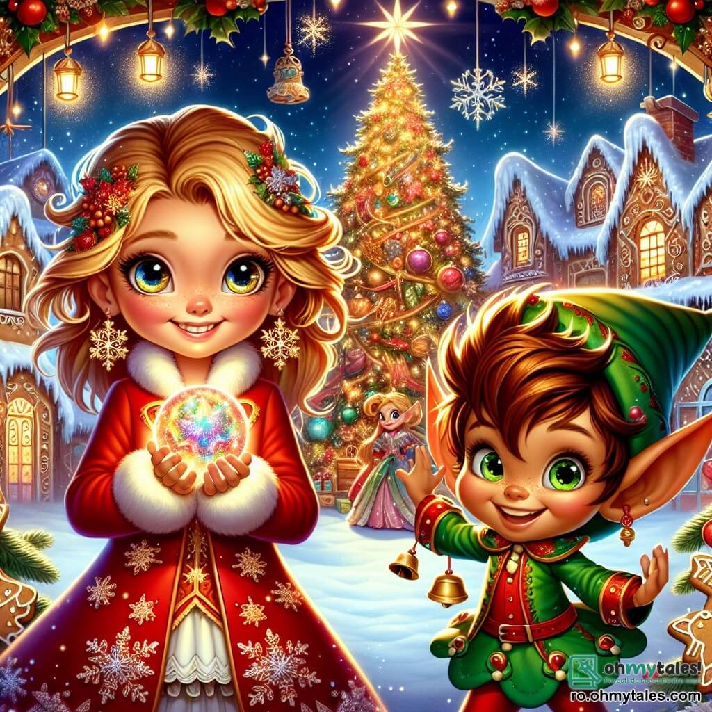 O fetiță de 10 ani, Mara, cu păr lung blond ca razele soarelui, ochi strălucitori de curiozitate și un zâmbet radiant, ține în mâini un glob magic strălucitor. Este îmbrăcată într-un palton roșu aprins, împodobit cu fulgi de zăpadă, și se află în mijlocul unei scene feerice, cu obrajii rumeniți de emoție. Lângă ea, un spiriduș mic numit Pip, de aproximativ 8 ani, cu urechi ascuțite și o pălărie verde cu clopoței, dansează vesel, zâmbind, cu ochii strălucind de șotii. El poartă un costum colorat care strălucește sub lumina decorațiunilor de Crăciun. Decorul este un tărâm magic, plin de case din turtă dulce, lumini scintilante și fulgi de zăpadă căzând ușor din cerul înstelat. În centru, un brad de Crăciun mare, bogat decorat, luminează scena cu o strălucire caldă și primitoare. Mara și Pip se pregătesc să decoreze bradul, plini de entuziasm și bucurie, în timp ce spiridușii dansează în jurul lor, creând o atmosferă festivă și magică.