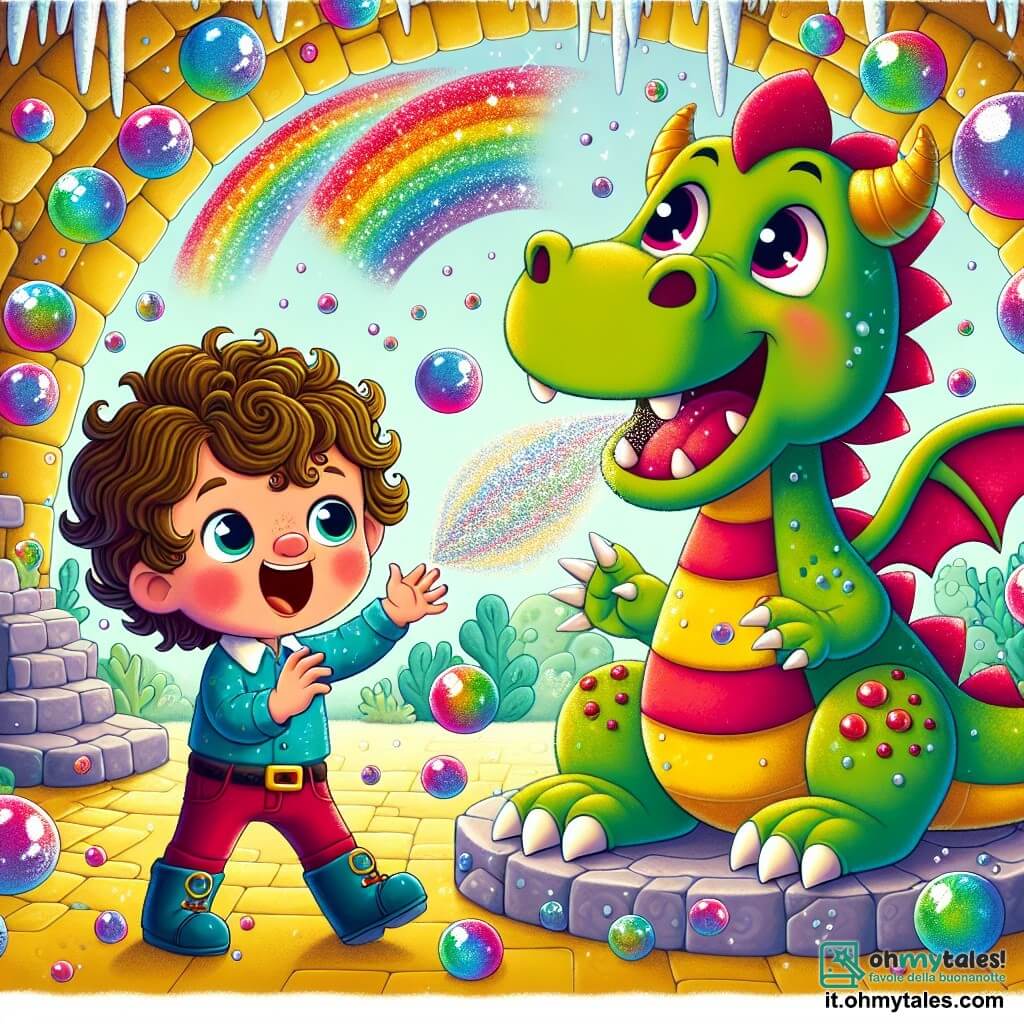 Un bambino di 2 anni di nome Leo, con capelli ricci e occhi scintillanti di curiosità, si trova al centro dell'immagine, sorridendo ampiamente e alzando una mano in aria, tenendo una bacchetta magica scintillante. Alla sua destra, un grande drago color arcobaleno, con squame brillanti e occhi rotondi e amichevoli, sta ridendo, con le grandi ali spiegate, creando una pioggia di bolle colorate attorno a loro. Lo sfondo è una caverna magica, con muri scintillanti di cristalli multicolori, stalattiti che brillano come stelle e un pavimento coperto di muschio verde e morbido. La scena principale mostra Leo e il drago in festa, circondati da bolle che danzano nell'aria, mentre il drago ha appena starnutito, riempiendo la caverna di risate e magia.