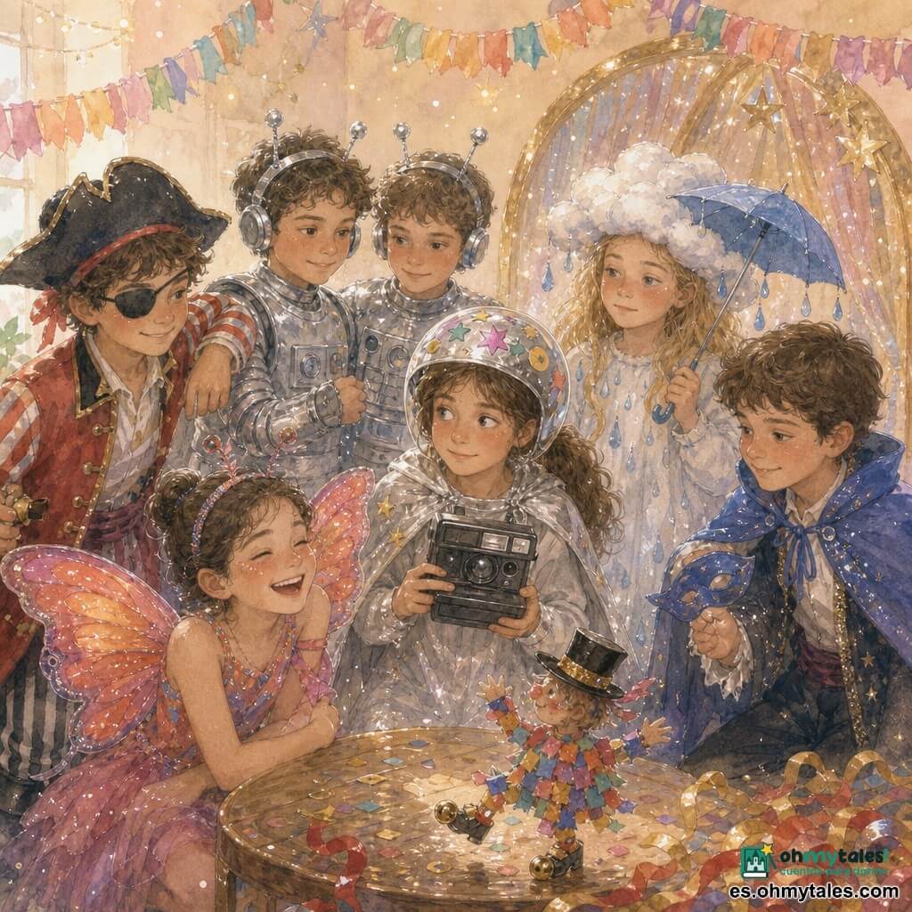 Niña de 12 años: Lía, mirada curiosa y sonrisa tímida, coleta castaña, capa espacial plateada y casco con pegatinas, sostiene una vieja cámara instantánea; niño ~12: Marcos el pirata, expresión pícara, chaqueta a rayas rojas y blancas, parche en el ojo, brazo protector a la izquierda de Lía; niña ~10–12: Irene la mariposa, alas degradadas rosa-naranja, adelante a la derecha, riendo; niña ~9–12: Nora la nube, cabello rubio bajo algodón de nube falsa, con un pequeño paraguas azul a la derecha, reservada; niño ~12: Dani el mago, capa azul y máscara en la mano, sonrisa tímida al extremo derecho; dos gemelos ~11–12 disfrazados de robots, trajes metálicos plateados, detrás de Lía con gesto de equipo; objeto mágico: muñeco de confeti con sombrero negro y cascabeles, sobre una mesa baja; decorado: sala de carnaval interior con guirnaldas de papel, arco de telas brillantes y estrellas recortadas, serpentinas en el suelo y luz cálida; situación: los niños posan juntos para una foto instantánea mientras caen confeti y el muñeco parece saludar.