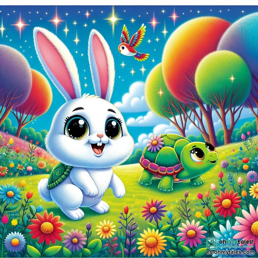 Ilustración que representa un pequeño conejo blanco, con grandes orejas y ojos negros que brillan de curiosidad. Está saltando alegremente en medio de un campo de flores coloridas, su pelaje brilla bajo la luz del sol, con una amplia sonrisa en su rostro. Cerca, una tortuga verde, con un caparazón adornado de flores, avanza lentamente pero con determinación, mostrando una expresión concentrada mientras mira al conejo con admiración. Un pájaro de plumas rojas y azules, posado en una rama, canta alegremente, con ojos brillantes de alegría y emoción. El lugar principal es un gran campo vibrante de colores, donde árboles de troncos multicolores se elevan majestuosamente. Flores cantantes de tonos brillantes bailan al compás del viento, creando una atmósfera mágica y encantadora. La situación principal muestra al pequeño conejo y sus amigos en busca de la misteriosa Estrella Brillante, con destellos de luz que iluminan el campo, simbolizando la aventura que les espera. Elementos adicionales incluyen mariposas coloridas revoloteando alrededor de los personajes, nubes suaves y esponjosas en el cielo azul, y rayos de sol filtrándose a través de las ramas de los árboles, añadiendo un toque de magia a esta escena de aventura.