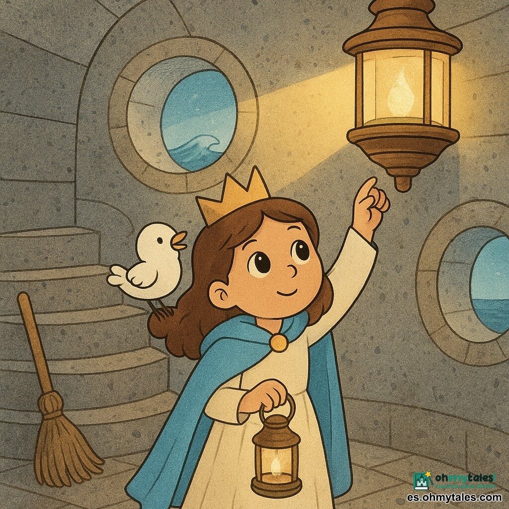 La princesa Alba está en el centro con rostro redondo y ojos grandes y brillantes, expresión dulce y valiente; lleva una capa azul celeste, un vestido crema sencillo y sostiene una pequeña linterna mientras alza la otra mano hacia la gran lámpara del faro. Un pequeño pájaro blanco y redondeado en su hombro derecho canta y mueve las alas, curioso y alegre. Una vieja escoba de madera con anillos de polvo apoya en la pared junto a la base de la escalera, somnolienta pero protectora. El interior del faro es una gran sala circular con escalera de piedra en espiral, paredes cubiertas de sal y huellas, y ventanas redondas que dejan entrar rayos de luz polvorienta. En un pequeño balcón exterior se ve el mar azul con una ola brillante que deja una gota dorada sobre una roca. La escena muestra el instante en que Alba vierte una gota de aceite dorado en la lámpara gigante y pronuncia una palabra valiente; la luz comienza a encenderse y a proyectar un haz cálido. Colores suaves y contrastes cálidos: tonos azules, crema, dorado y madera envejecida; líneas claras, formas redondeadas y detalles texturizados para un aspecto tierno y accesible.