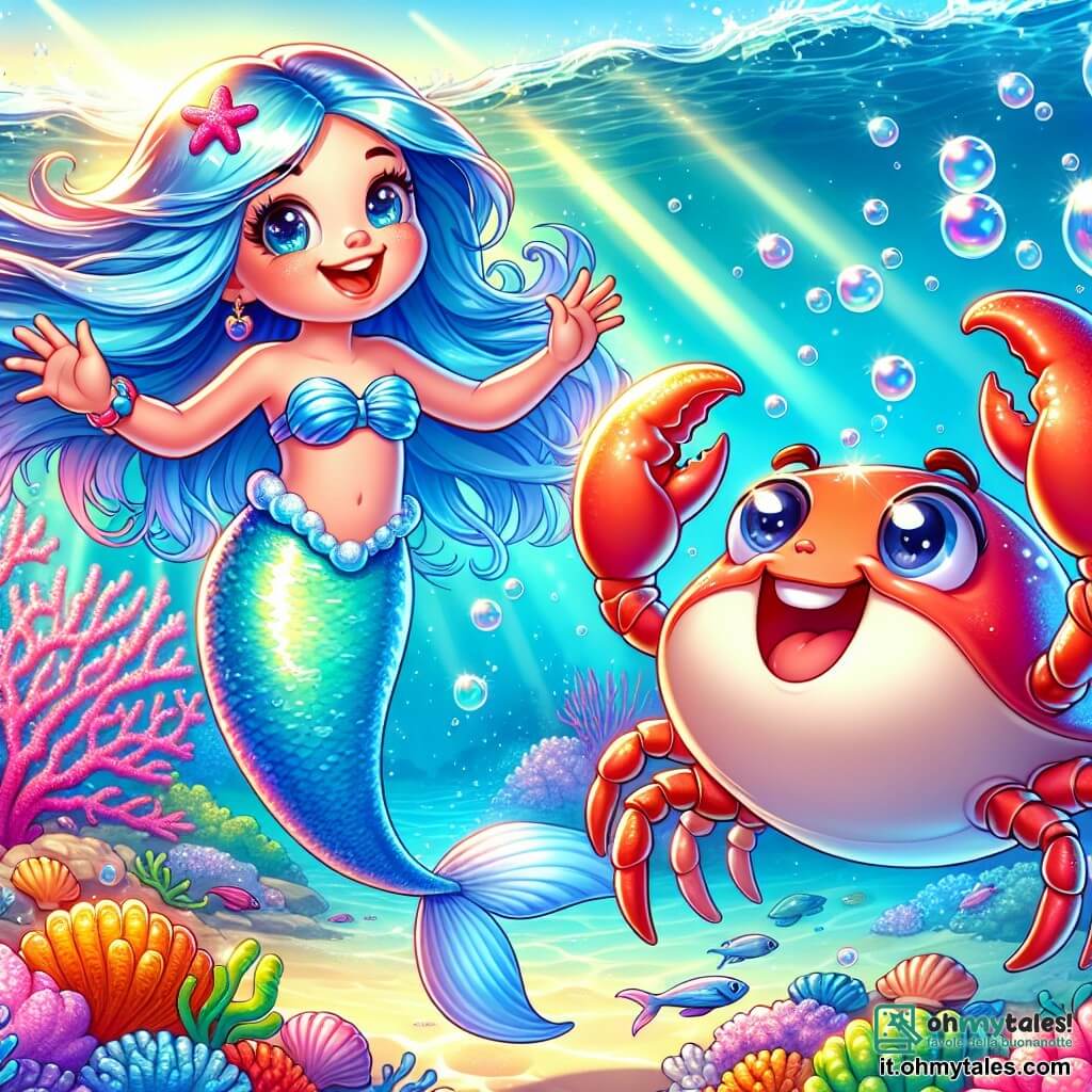 Una sirena gioiosa di nome Luna, con lunghi capelli blu oceano e una brillante coda di pesce argentata, nuota con entusiasmo in acque cristalline. Il suo viso è illuminato da un grande sorriso, i suoi occhi brillano di curiosità e felicità. Accanto a lei, un granchio gigante, con un guscio rosso vivo e grandi chele, ride cercando di ballare nell'acqua, i suoi occhi rotondi e maliziosi riflettono il suo buon umore. Lo sfondo è un magnifico reef corallino, pieno di coralli colorati in rosa, giallo e viola, dove nuotano pesci multicolori e meduse scintillanti. I raggi di sole filtrano attraverso la superficie dell'acqua, creando bagliori luminosi intorno ai personaggi. La scena mostra Luna e il granchio che si divertono insieme, cercando conchiglie colorate sul fondo marino, circondati da bolle d'aria che fluttuano felicemente intorno a loro.