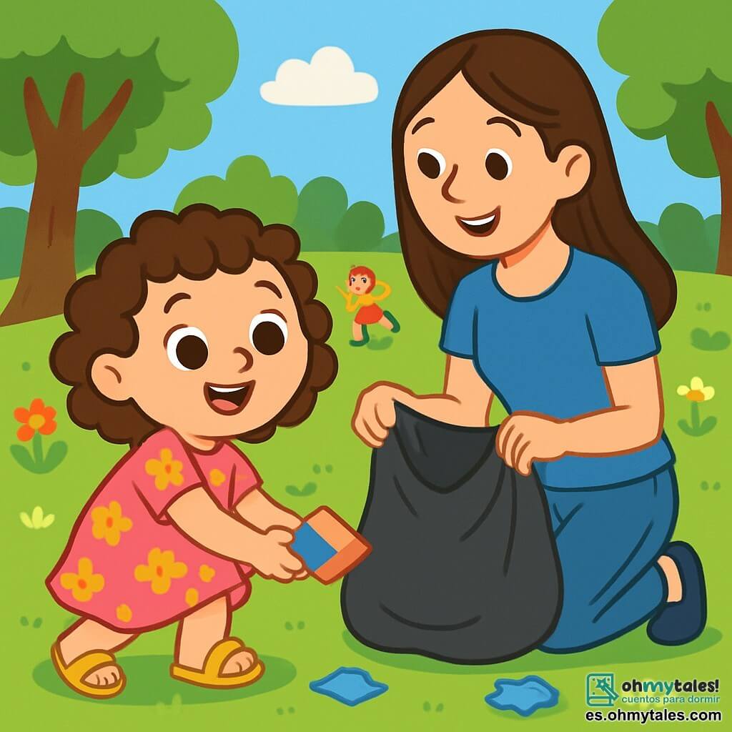 Una niña de 2 años, con grandes ojos brillantes y cabello rizado, sonríe alegremente mientras recoge un trozo de papel de colores del suelo. Lleva un vestido rosa con flores y sandalias amarillas, y su rostro expresa gran orgullo. A su lado, su mamá, una mujer de unos 30 años con cabello largo y liso, lleva una camiseta azul y jeans. Sonríe mientras mira a su hija, sosteniendo una bolsa para basura. El parque es verde, con árboles majestuosos, flores coloridas y un cielo azul brillante. Niños juegan a lo lejos, riendo y corriendo sobre la hierba. En esta escena, la niña y su mamá están limpiando el parque juntas, recogiendo basura para hacerlo más bonito, mientras se divierten y comparten un momento de complicidad.
