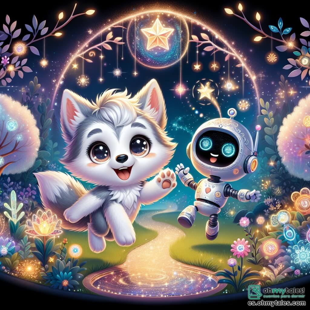 Ilustración que representa a un pequeño lobo con pelaje suave y plateado, ojos brillantes de curiosidad y una expresión alegre. Está saltando con entusiasmo a través de un portal mágico, rodeado de luces centelleantes. Junto a él hay un pequeño robot amistoso, con un cuerpo de metal brillante y ojos luminosos que expresan emoción. Levanta una mano mecánica para saludar al lobo, mostrando su entusiasmo por la aventura que les espera. El lugar principal es un jardín de ensueño, lleno de plantas luminosas de colores vivos, con caminos de polvo de luna que brillan bajo la luz de las estrellas. En el centro, un gran árbol con hojas de cristal tintinea suavemente en el viento, creando una atmósfera mágica. La situación principal muestra al lobo y al robot a punto de liberar una estrella brillante atrapada entre las ramas del árbol, mientras chispas de magia bailan a su alrededor, iluminando su determinación y amistad. Otros elementos gráficos incluyen estrellas brillantes en el cielo nocturno, flores luminescentes que parecen vibrar de energía y una atmósfera de sueño que evoca magia y aventura.