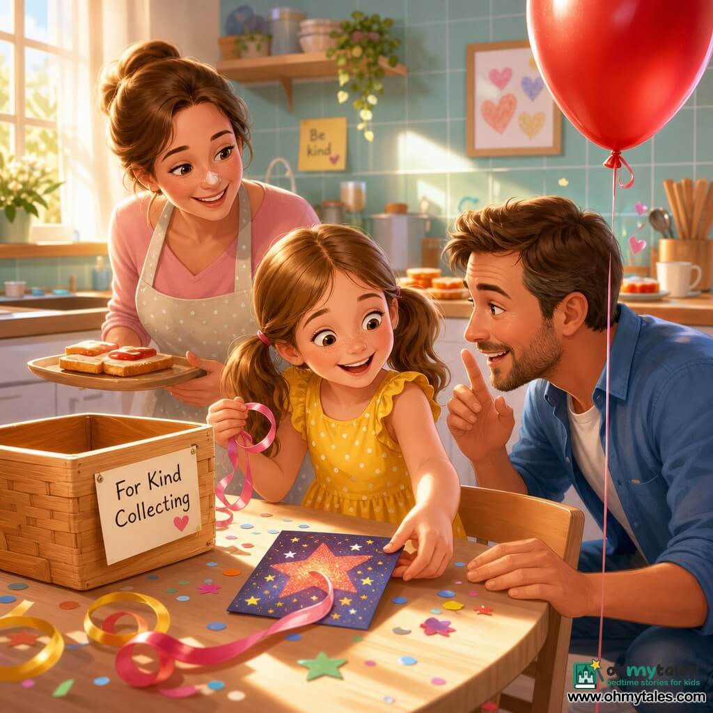 An 8-year-old girl with sparkling eyes and a curious smile, light brown pigtails, wearing a yellow dress with white polka dots, holds a pink ribbon in one hand and reaches for a glittered card on a light wood table; her mother (about 35) with fair skin, tied brown hair and a bit of flour on her nose stands behind the table preparing toasts and watching tenderly, while the father (about 37) with a short beard and blue shirt is crouched by a chair, smiling and whispering with a raised hand to guide her; the table holds an empty basket labeled For Kind Collecting, an illustrated card with glitter stars and a shiny red balloon drifting toward the ceiling; the bright kitchen has pastel tiles, warm sunlight through the window, confetti and ribbons on the floor; main scene: a joyful, quiet moment as the girl chooses her first birthday mission by touching the card, surrounded by colorful objects and attentive parents.