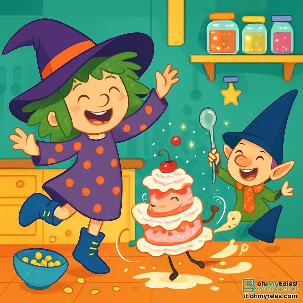 Una piccola strega di nome Mimì, con capelli arruffati color muschio e un sorriso splendente di gioia, balla felicemente nella sua cucina. Indossa una tunica viola a pois arancioni e stivali blu con lacci fluorescenti. Accanto a lei, il suo amico Gelsomino, un piccolo folletto con un cappello a punta e una sciarpa a pois, ride agitando una piccola bacchetta magica a forma di cucchiaio. Le loro risate risuonano in una cucina incantata, piena di colori vivaci: pareti dipinte di verde smeraldo, scaffali stracolmi di barattoli scintillanti e un tavolo dove i cereali ballano felicemente. Al centro, una torta ballerina, con glitter e ciliegie, esegue pirouette, lasciando tracce di crema sul pavimento. La scena trasmette un'atmosfera di magia giocosa e gioia contagiosa, catturando lo spirito di una mattinata piena di sorprese e risate.