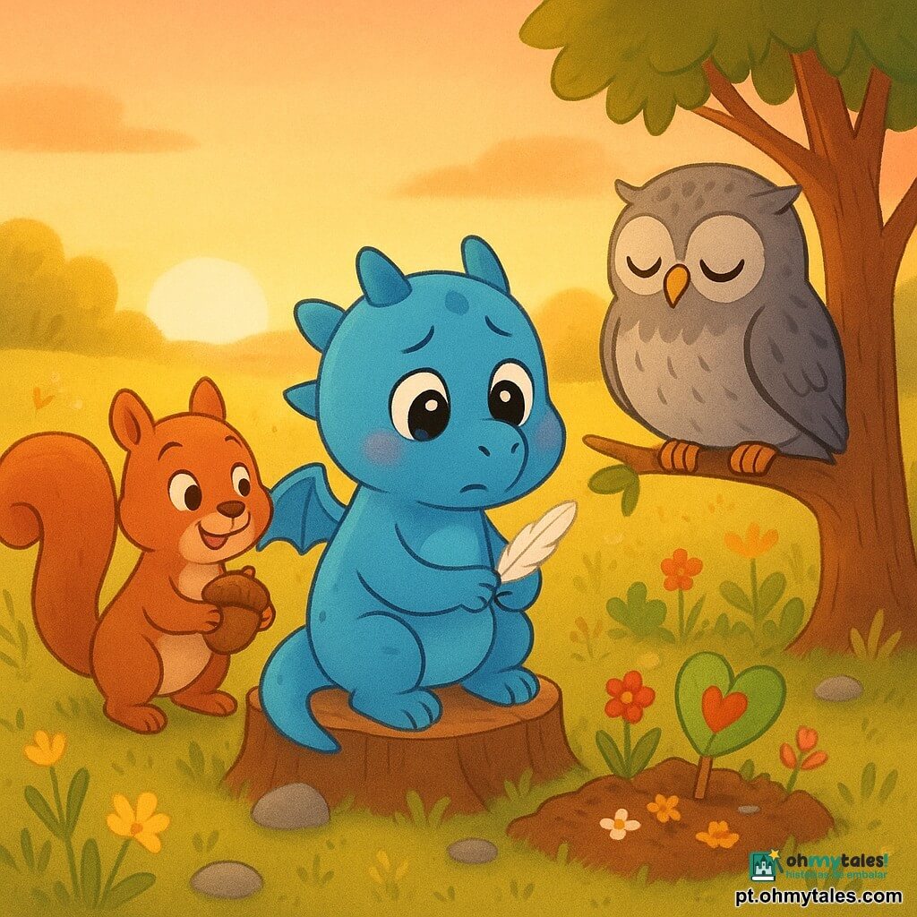 Lilo, um pequeno dragão azul de corpo redondo e bochechas rechonchudas, sentado numa toco segurando uma pequena pena branca; Nuna, uma velha coruja cinzenta de plumagem salpicada, adormecida numa rama baixa à direita; um esquilo alegre à esquerda com uma avelã, inclinado compadecido; clareira dourada ao anoitecer com ervas macias, flores silvestres, pedras redondas e um pequeno jardim-memorial com flores plantadas e uma folha pintada em forma de coração — cena calma de lembrança, Lilo reunido junto ao jardim em homenagem a Nuna, luz quente do pôr do sol e cores em tons pastéis.