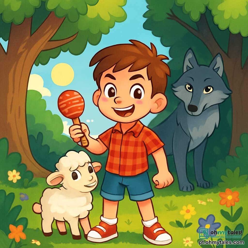 Um garoto de 8 anos, Nuno, com cabelos castanhos e olhos curiosos, está em uma clareira ensolarada, com o rosto marcado pela excitação. Ele usa uma camisa xadrez vermelha e um short de denim, segurando um chocalhinho na mão. Ao seu lado, um pequeno cordeirinho branco chamado Fiapo, com olhos suaves e pelagem macia, se aconchega em sua perna. Ao fundo, um elegante lobo cinza observa Nuno com uma expressão intrigante, ligeiramente afastado na sombra das árvores. A clareira é cercada por grandes carvalhos e flores silvestres coloridas, criando uma atmosfera mágica. Nuno está determinado a seguir os sinais deixados por seu irmão, ciente da presença misteriosa do lobo, que é ao mesmo tempo ameaçador e fascinante. O sol brilha entre os galhos, projetando sombras dançantes no chão, enquanto o vento faz as folhas sussurrarem, adicionando mistério a esse encontro inesperado.