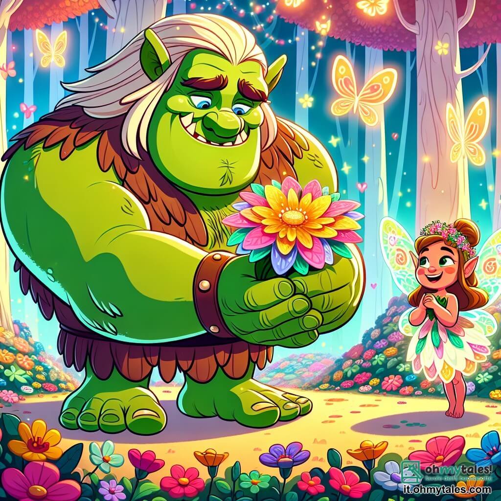 Un orco verde di nome Orsolone, grande e robusto, con un sorriso dolce e occhi scintillanti di gentilezza, si trova al centro della scena, tenendo un magnifico fiore dai petali multicolori. Accanto a lui, una piccola fata di nome Lilla, con ali scintillanti e un vestito fatto di petali di fiori, sorride gioiosamente, fluttuando leggermente sopra il suolo. La scena si svolge in una foresta magica, dove alberi dai tronchi colorati si ergono verso il cielo, fiori cantanti sbocciano intorno a loro e farfalle luminose danzano nell'aria. Orsolone, con un'espressione di scuse e felicità, presenta il nuovo fiore a Lilla, che è entusiasta e meravigliata da questo gesto amichevole.
