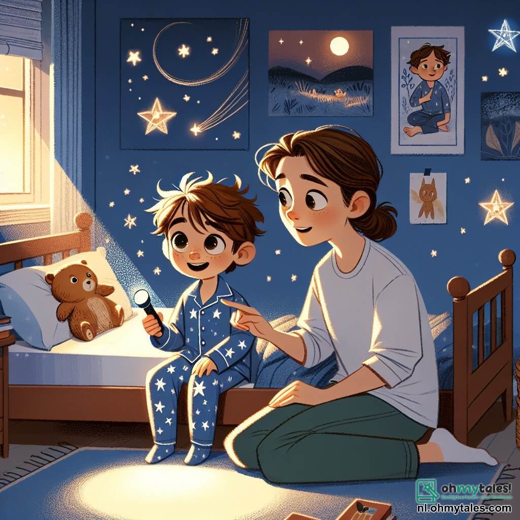 Een jongetje van 4 jaar, genaamd Tom, zit op zijn bed met grote ogen van verwondering en een beetje angst. Hij heeft rommelig kastanjebruin haar, draagt een blauwe pyjama met witte sterren en houdt een kleine zaklamp vast die lichtvormen op de muren van zijn kamer projecteert. Naast hem zit zijn moeder, een vrouw van rond de dertig met lange bruine haren en een geruststellende glimlach, die zich naast hem heeft gehurkt. Ze draagt een comfortabele t-shirt en een spijkerbroek en moedigt hem liefdevol aan terwijl ze de sterren laat zien die hij met zijn lamp maakt. De scène speelt zich af in Tom's kamer, een warme ruimte met lichtblauwe muren, posters van planeten en dieren aan de muur, en een plafond waar je de schitterende sterren kunt voorstellen. Een raam laat wat maanlicht binnen, wat een zachte en rustgevende sfeer toevoegt. Tom, met een mix van opwinding en moed, verlicht het plafond met zijn zaklamp, waardoor een mooie sterrenconstellatie ontstaat die om hem heen danst, terwijl zijn moeder hem aanmoedigt om niet bang te zijn voor de duisternis.