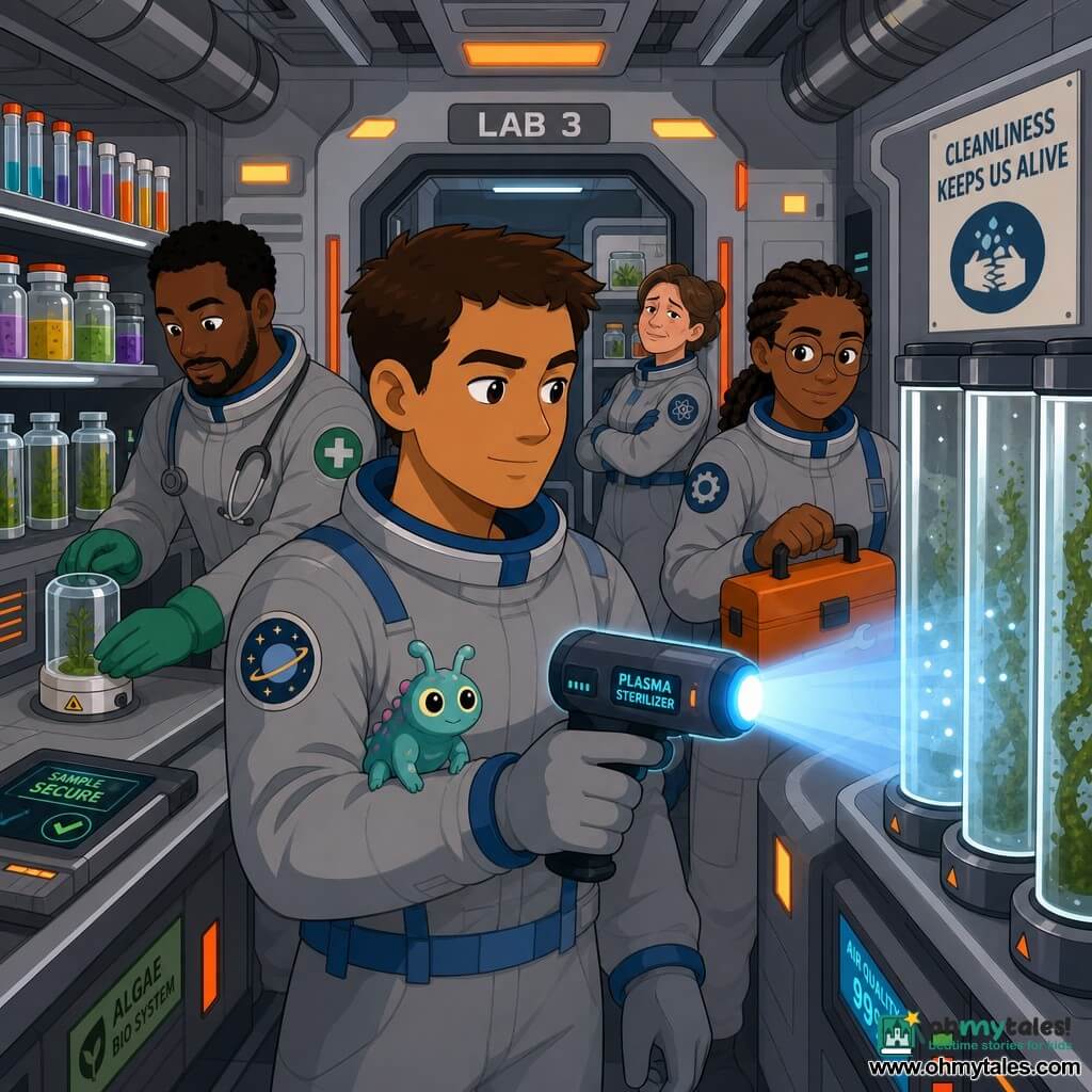 A determined, serene man (about 28) with short brown hair in a gray spacesuit with blue stripes aims a small blue-plasma sterilizer with a faint halo at glass tubes; a braided-hair woman (about 32) engineer with round glasses holds an orange toolbox behind him to his right, a calm man (about 30) doctor in green gloves places a small containment capsule on a table to the left, and in the background a breathless but relieved researcher (about 40) leans against a shelf of jars watching from the lab door; the narrow space lab has gray metal walls, shelves of colorful vials, transparent cylindrical tanks with green algae, orange light panels and visible ducts; the man uses the sterilizer to neutralize a thin moving film on the tanks as blue light sweeps surfaces and tiny sparkling particles fade, while a small stowaway creature perched on his glove blinks curiously.