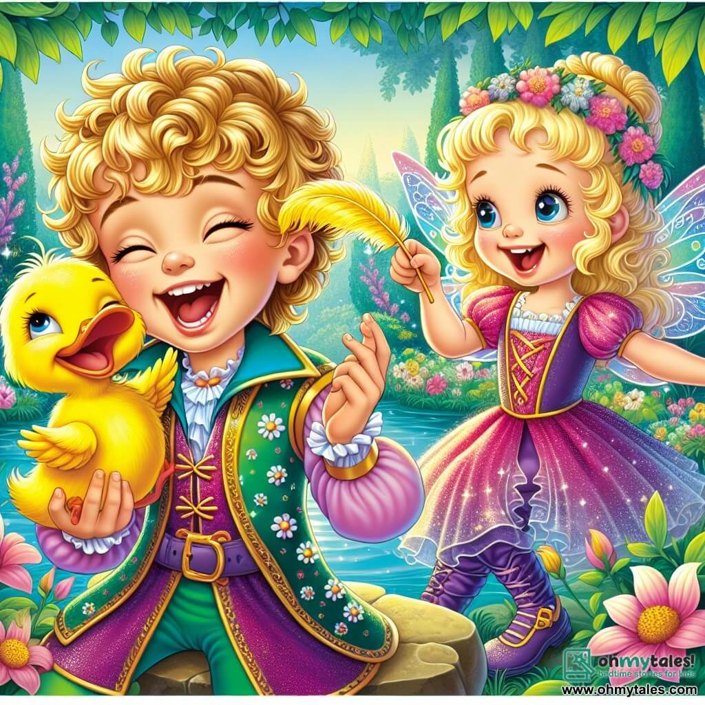 In the center of the image, Prince Giggle, a boy with curly blonde hair and sparkling mischievous eyes, is laughing heartily while holding a golden feather. He wears a colorful tunic with floral patterns and purple velvet pants. His face radiates joy and amusement as he tickles a small duck. To his right, the little fairy Sparkle, a girl with shimmering wings and a pink dress, smiles while raising her magic wand. She has long wavy hair and bright eyes, appearing ready to make the flowers dance around them. On the left, Silly, the duck, is a bright yellow bird with a cheeky expression, laughing as his feathers are ruffled by the prince's tickling while standing on a stone by a pond. The setting is a beautiful enchanted garden filled with colorful flowers, majestic trees, and a sparkling pond. Sunbeams filter through the leaves, creating a magical and joyful atmosphere. The main scene shows Prince Giggle tickling Silly the duck with the golden feather, while Sparkle the fairy prepares to make the flowers dance with her wand, filling the air with laughter and magic.