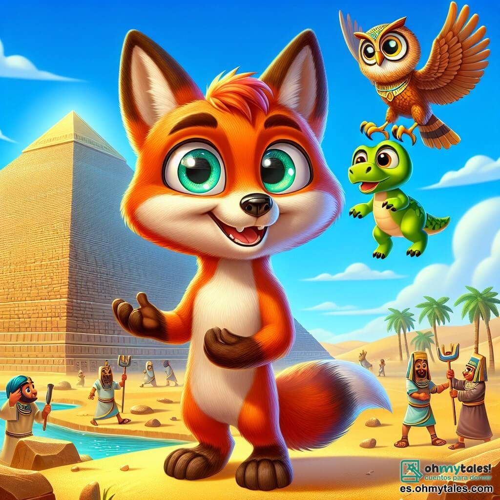 Zorrito, un pequeño zorro de pelaje rojizo y ojos llenos de curiosidad, está de pie frente a una gran pirámide egipcia, sonriendo y con las orejas en alto, listo para ayudar. A su lado, un sabio búho de plumas marrones y gafas redondas, flotando en el aire, observa con orgullo, sus ojos brillando de inteligencia. Un pequeño dinosaurio verde, con escamas brillantes y aspecto inquieto, está al fondo, mirando a Zorrito con esperanza, moviendo sus pequeñas patas. El escenario es un paisaje egipcio soleado, con dunas de arena dorada, un cielo azul brillante y palmeras verdes. La majestuosa pirámide se alza al fondo, rodeada de trabajadores egipcios que transportan piedras. La escena muestra a Zorrito extendiendo su pata para ayudar a un grupo de trabajadores a levantar una pesada piedra, simbolizando el espíritu de colaboración y aventura.