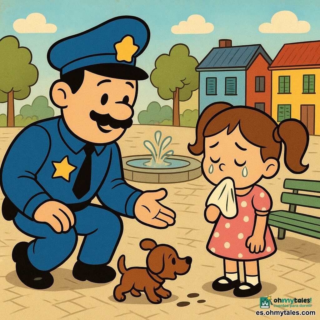 Un policía llamado Tomás, de uniforme azul, arrodillado y sonriente pero concentrado, señala unas huellas junto a la fuente mientras habla con calma a Lucía, una niña de unos 5 años con dos coletas y vestido rosa de lunares que llora suavemente con un pañuelo; un perro pequeño y marrón mueve la cola olfateando cerca de un banco; la plaza pavimentada con una fuente redonda, bancos verdes y casas coloridas crea una atmósfera luminosa y esperanzadora mientras se preparan para buscar el peluche perdido.