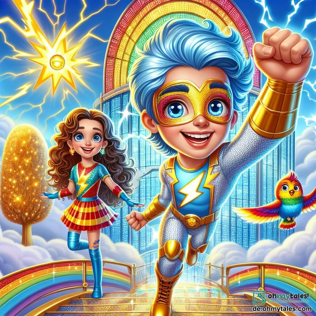 Ein Junge mit blitzblauen Haaren, funkelnden Augen und einem strahlenden Lächeln steht im Zentrum des Bildes, bereit, mit überschäumender Energie zu springen. Er trägt ein glänzendes Superheldenkostüm, verziert mit gelben Blitzen und bunten Mustern. Neben ihm steht ein 10-jähriges Mädchen, Mimo, mit langen lockigen Haaren und einem entschlossenen Blick. Sie hält ein kleines Tier, einen Vogel mit bunten Federn, und scheint bereit zu sein, mit ihm zu kommunizieren. Der Hintergrund zeigt eine Superheldenschule, ein riesiges, glitzerndes Glasgebäude, das über den Wolken schwebt, umgeben von Regenbögen. Goldene Bäume mit glänzenden Blättern stehen um die Schule und verleihen der Landschaft einen magischen Touch. Die Hauptsituation zeigt den Jungen und das Mädchen, die einen dringenden Hilferuf erhalten, mit einem großen roten Alarm, der über ihnen blinkt. Der entschlossene Ausdruck auf dem Gesicht des Blitzjungen und die Aufregung in Mimos Augen betonen die Wichtigkeit ihrer Mission.