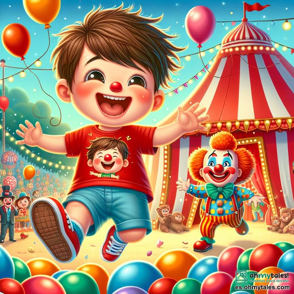 Un niño de 4 años, llamado Pablo, con cabello castaño desordenado y ojos brillantes de alegría, está saltando en un montón de globos de colores, riendo a carcajadas. Lleva una camiseta roja con un pequeño payaso dibujado y un short azul. Junto a él, un payaso divertido llamado Pipo, de unos 30 años, con un gran bigote, nariz roja y zapatos enormes, corre tras un globo que se eleva, haciendo muecas cómicas. Lleva un traje multicolor con lunares y rayas. Al fondo, el circo está decorado con grandes carpas a rayas rojas y blancas, luces centelleantes y carteles coloridos anunciando el espectáculo. La escena principal muestra a Pablo, con el rostro radiante de felicidad, sumergiéndose en los globos reventados, mientras Pipo intenta atrapar el globo que se escapa, creando un momento lleno de risas y magia.