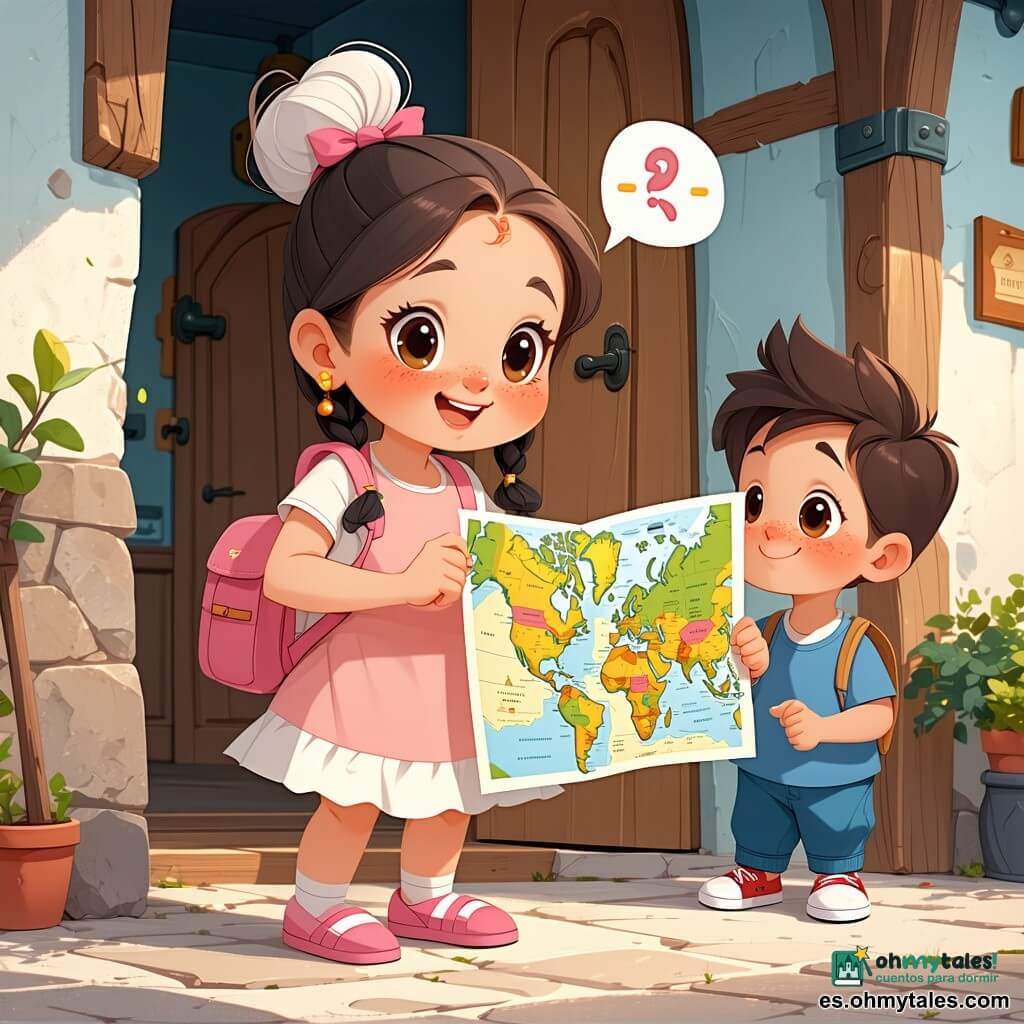 Una niña de 6 años, alegre y curiosa, ojos marrones y cabello castaño claro en dos trenzas, lleva una pequeña mochila rosa con pompón y sostiene un mapa de papel colorido; camina confiada hacia la derecha. En el fondo, una abuela de unos 70 años, cabello blanco recogido en moño, piel clara, sonriente y amable, está en el umbral y le muestra el mapa. Un niño de unos 7 años, de piel oscura afrodescendiente, con camiseta amarilla, empuja una bicicleta azul hacia la izquierda riendo, cerca de un banco del parque. A la derecha, una vendedora del mercado de unos 40 años, latina, piel oliva y cabello negro trenzado, sostiene una cesta de frutas coloridas y sonríe desde su puesto. Lugar: calle de barrio soleada con adoquines coloreados, casas de fachadas pastel, árboles redondeados, banco de madera, puesto de frutas rojas y naranjas y una biblioteca al fondo con una gran puerta azul. Situación: la niña consulta su “mapa de los colores” y descubre personas diversas a su alrededor; escena cálida, colores vivos, siluetas suaves, ambiente de ayuda y curiosidad. Estilo gráfico: trazos gruesos, sombras ligeras, paleta saturada y contrastada, ambiente luminoso y alegre, composición centrada en la niña.