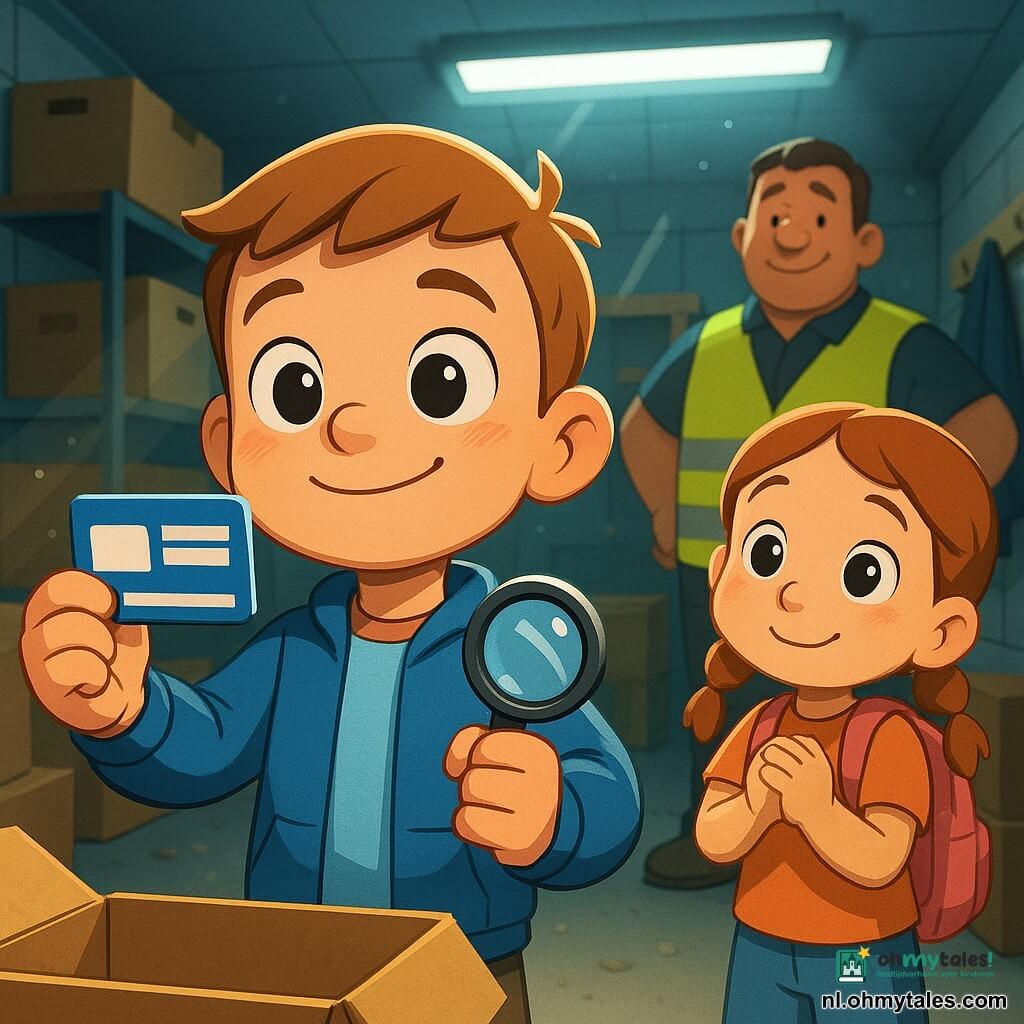 Een ontroerende trotse jongen van 6 jaar, grote heldere ogen, kort lichtbruin haar, in een blauw jasje met een plastic vergrootglaasje in de hand, houdt triomfantelijk een blauw-witte bibliotheekbadge als een schat, timide glimlach en heldhaftige houding; rechts iets naar voren staat Sara, ongeveer 5 jaar, rond gezicht met vlechtjes en een roze rugzak over één schouder, kijkt vol bewondering met gevouwen handen; achter hen staat een dertiger, breed postuur, stadionmedewerker met geel veiligheidshesje bij een stelling, handen in de zij en opgeluchte uitdrukking; locatie: kleine voorraadruimte in het stadion met koude neonverlichting, kartonnen dozen, jassen aan haken en betonvloer met kruimels; situatie: moment van ontdekking — de jongen vond zijn badge in een open doos, intieme triomf en warme, veilige sfeer, close-up compositie op gezichten en badge, levendige kleuren en zachte texturen.