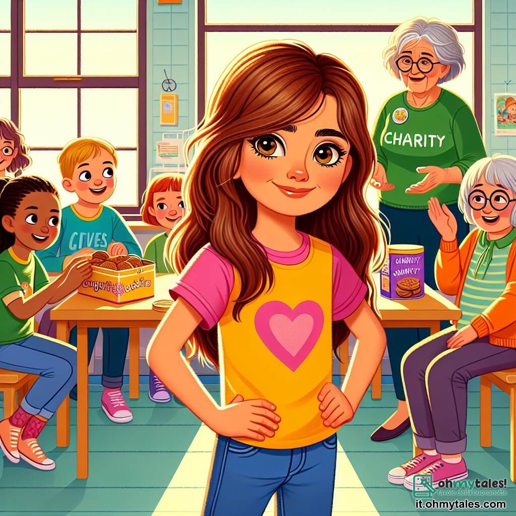 Una ragazza di 10 anni, Sofia, con lunghi capelli castani e occhi brillanti di determinazione, si trova al centro dell'immagine, con le mani sui fianchi e un sorriso caloroso sul volto. Indossa una maglietta colorata e dei jeans, e il suo sguardo esprime grande compassione. Accanto a lei, la signora Lucia, una donna di circa 60 anni, con capelli grigi e occhiali rotondi, sorride mentre tiene una scatola di biscotti. È leggermente curvata, ma il suo viso irradia gentilezza. Sullo sfondo, un gruppo di bambini di diverse età, dai 8 ai 12 anni, discute e ride, tenendo manifesti colorati per la raccolta fondi. Il luogo è un centro comunitario accogliente, con pareti pitturate di colori vivaci, tavoli di legno con giochi e libri, e una grande finestra che fa entrare la luce del sole. La scena principale mostra Sofia, entusiasta, mentre presenta la sua idea di raccolta fondi ai suoi amici, mentre la signora Lucia li incoraggia con un sorriso benevolo. I bambini, intrigati e motivati, iniziano a discutere delle loro idee, creando un'atmosfera di unità e solidarietà.