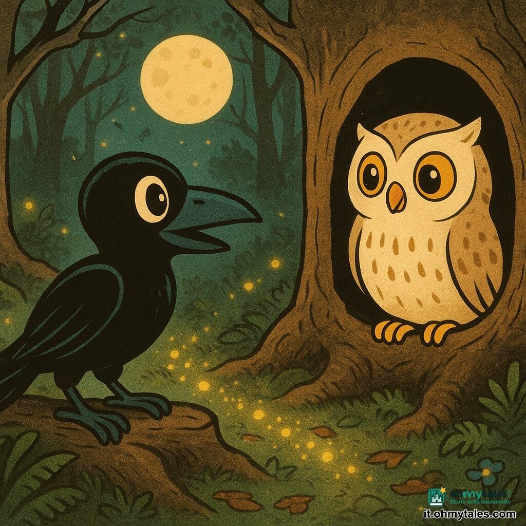 Un corvo nero lucente, becco liscio e piume lucide, posato su un grande tronco, curioso e determinato con la testa inclinata e le ali leggermente socchiuse; i suoi occhi tondi e scintillanti riflettono il bianco, espressione dolce. Nel buco del tronco, una grande civetta dal piumaggio crema e macchie brune e occhi ambra guarda il corvo con benevolenza, calma e ali ripiegate, più in alto come guida. Intorno, foresta fitta di tronchi contorti, muschio verde spesso sulle radici e felci basse; lucciole gialle tracciano un sentiero luminoso, il suolo è coperto di foglie brune e piccole fioriture blu, l'aria sembra scintillare di particelle dorate e la luna piena filtra pallida tra i rami creando ombre morbide. La scena mostra l'incontro e la fiducia: il corvo ascolta la civetta sotto la luce delle lucciole, atmosfera magica e calda.
