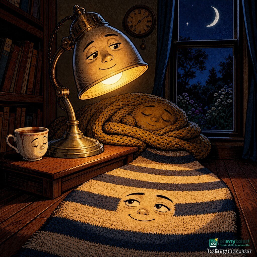 La lampada antropomorfa in metallo antico è il personaggio principale: paralume con volto rotondo, sorriso discreto e sguardo dolce, luce ambrata e soffusa, posata su un tavolino e leggermente inclinata come se respirasse; il tappeto a righe è secondario: ampio e morbido, motivi crema e blu, disteso ai piedi della lampada come una strada dolce; la tazza di tè in porcellana bianca con un anello di tè è piccola e posata a sinistra della lampada, espressione contenta e stanca; il plaid di maglia grossa color senape sul divano forma un nido morbido sullo sfondo; dalla finestra si vede un giardino notturno con luna sottile, sagome di alberi e cielo indaco; il salotto ha parquet scuro, scaffali bassi con pochi libri e una piccola orologio a muro, ombre lunghe e atmosfera calda e ordinata; la scena principale mostra la lampada che illumina un cerchio di luce soffusa sul tappeto e "respira" lentamente, gli altri oggetti si rilassano attorno a lei, calma notturna propizia al sonno.