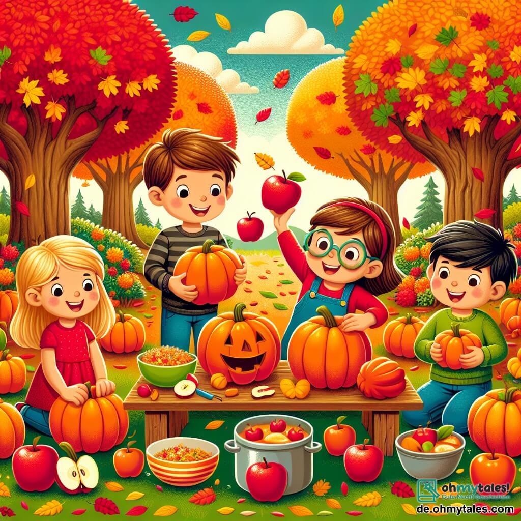 In einem bunten Herbstgarten sind vier Kinder versammelt. Anna, ein 8-jähriges Mädchen mit langen blonden Haaren und einem roten Kleid, lächelt und hält einen großen orangefarbenen Kürbis. Neben ihr schneidet Ben, ein 9-jähriger Junge mit braunen Haaren und Brille, konzentriert einen weiteren Kürbis mit einem Plastikmesser. Carla, ein 7-jähriges Mädchen mit zwei Zöpfen und einem gelben Pullover, hält begeistert einen schönen roten Apfel über ihren Kopf. Schließlich lacht David, ein 8-jähriger Junge mit schwarzen Haaren und einem grünen T-Shirt, während er Apfelstücke in einen großen Topf auf dem Tisch wirft. Der Garten ist mit bunten Blättern in Rot, Gelb und Orange gefüllt, und majestätische Bäume stehen im Hintergrund. Der Himmel ist hellblau mit flauschigen weißen Wolken. Die Kinder bereiten eine köstliche Herbstsuppe vor, umgeben von Kürbissen und Äpfeln, lachen und haben Spaß in einer fröhlichen und warmen Atmosphäre.