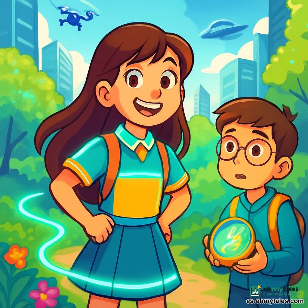 Una niña de 12 años, Lucía, con largos cabellos castaños y ojos llenos de curiosidad, se encuentra en el centro de la imagen, sonriente y llena de energía. Lleva un uniforme escolar futurista de colores vivos, con placas luminiscentes que brillan. A su lado, un niño de su edad, Carlos, tiene el cabello corto y gafas redondas. Mira a Lucía con una expresión de esperanza, sosteniendo una brújula urbana brillante en sus manos. Al fondo, un parque escondido entre dos rascacielos, con árboles de hojas fluorescentes y flores coloridas, crea una atmósfera mágica. La escena muestra a Lucía y Carlos siguiendo una línea luminosa proyectada por la brújula, simbolizando su búsqueda para encontrar a la hermana de Carlos, con elementos futuristas como drones y transportes voladores flotando en el cielo.