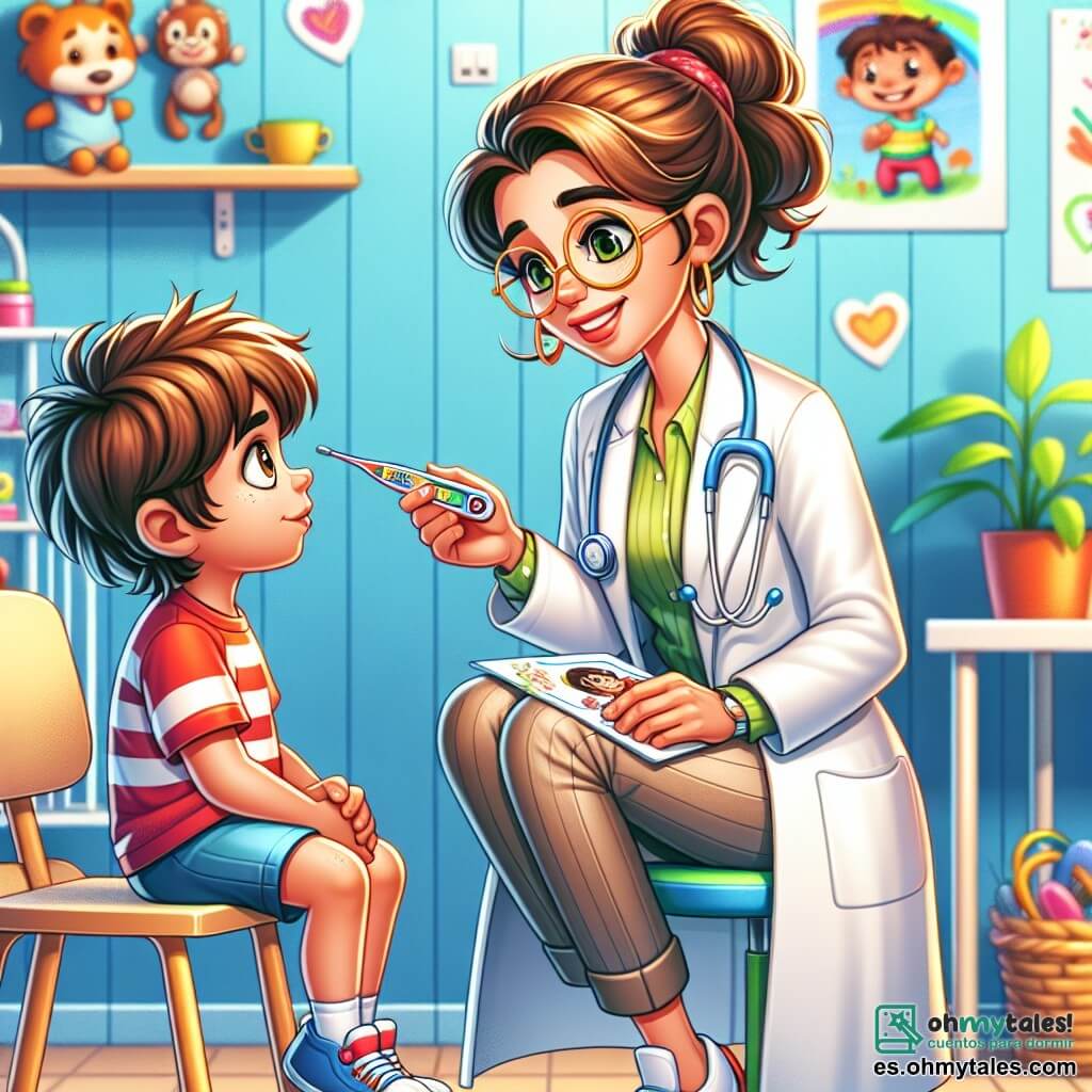 La doctora Lucía es una mujer sonriente de unos 30 años, con una bata blanca impecable y gafas redondas. Tiene el cabello castaño recogido en un moño y una mirada cálida y compasiva. Está agachada, sosteniendo un termómetro de colores frente a un niño. Pablo es un niño de 8 años, con el cabello despeinado y una expresión curiosa. Lleva una camiseta roja y un pantalón corto azul, sosteniendo un dibujo de la doctora Lucía en su mano. Está sentado en una silla, mirándola con admiración. El lugar es un consultorio médico luminoso, decorado con dibujos de niños en las paredes, plantas verdes en las ventanas y juguetes de colores en el suelo, creando una atmósfera acogedora y alegre. La situación principal muestra a la doctora Lucía examinando a Pablo, quien tiene una ligera fiebre. Ella le sonríe, reconfortante, mientras él le muestra su dibujo, ilustrando la conexión cálida entre el médico y su joven paciente.