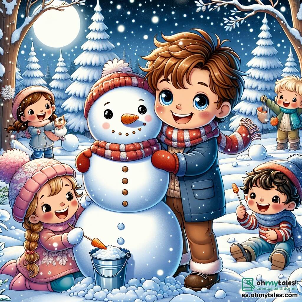 Un niño de 7 años, Lucas, con pelo castaño desordenado y ojos brillantes de curiosidad, está construyendo un muñeco de nieve en un paisaje invernal mágico. Lleva una bufanda roja y un abrigo azul, y su rostro está iluminado por una gran sonrisa de alegría. A su lado, hay un grupo de tres niños: una niña de 6 años con trenzas rubias y un gorro rosa que ríe mientras coloca una zanahoria en la nariz del muñeco; un niño de 8 años con gafas y un suéter a rayas que sostiene un cubo para hacer el sombrero; y otra niña de 7 años con cabello rizado castaño que hace ángeles en la nieve con los brazos extendidos. El escenario es un hermoso bosque nevado, donde los árboles están cubiertos de una espesa capa de nieve brillante bajo la luz de la luna. Copos de nieve caen suavemente, creando una atmósfera mágica y cálida. La situación principal muestra a Lucas y sus amigos riendo y jugando en la nieve, unidos por el espíritu navideño, mientras se preparan para terminar su muñeco de nieve, símbolo de su amistad y de la magia de esa noche estrellada.