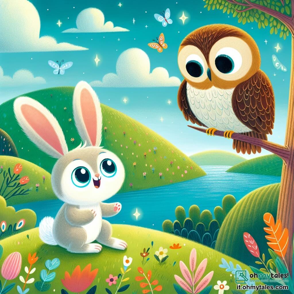Un coniglio di nome Lino, con un pelo bianco e morbido, occhi brillanti di curiosità e grandi orecchie erette, è seduto su una collina verde, guardando il cielo con meraviglia. Sorride entusiasta, sognando le sue future avventure. Accanto a lui c'è Gufetto, un vecchio gufo saggio con piume marroni e occhi rotondi e lucenti, che sembra pensieroso e sereno, posato su un ramo d'albero, come se gli stesse sussurrando segreti sulla vita. Il luogo è una bellissima collina piena di fiori colorati, con un cielo blu brillante e nuvole soffici. In lontananza, un lago scintilla al sole, riflettendo la bellezza della natura circostante. La scena principale mostra Lino e Gufetto in una conversazione filosofica, dove Lino pone domande sui sogni e la libertà, mentre Gufetto gli spiega la profondità della vita, creando un'atmosfera di curiosità e apprendimento.