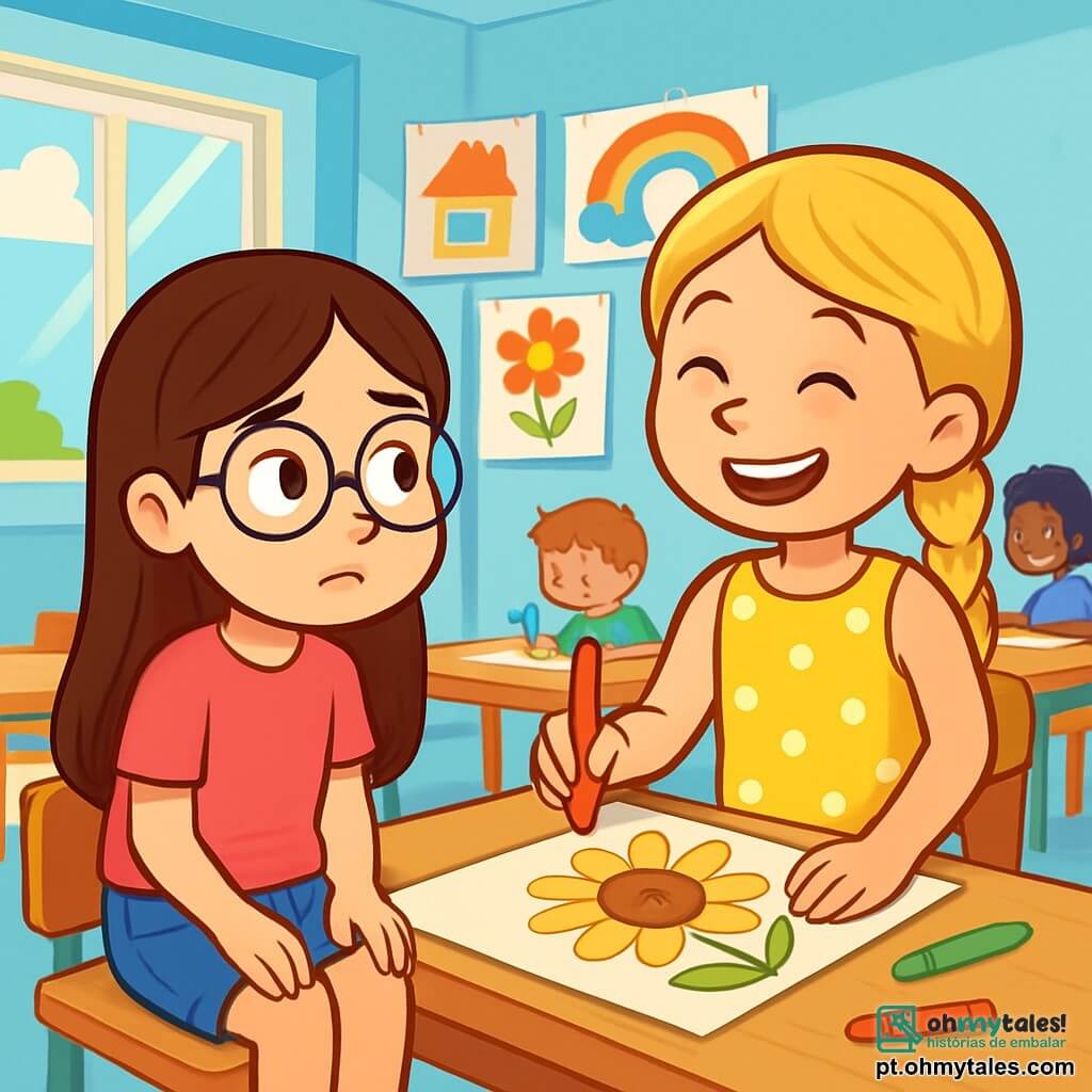 Há 2 personagens principais: - Lívia: uma menina de 8 anos, com longos cabelos castanhos e óculos redondos. Ela usa uma camiseta rosa e um short de jeans, está sentada à mesa, com as mãos nos joelhos e uma expressão de hesitação no rosto. - Sofia: uma menina de 8 anos, com cabelos loiros trançados e um grande sorriso. Ela veste um vestido amarelo com bolinhas e está em pé, desenhando um grande girassol em uma folha de papel, cheia de confiança. A cena se passa em uma sala de aula iluminada, com paredes pintadas de azul claro e janelas que deixam entrar a luz do sol. Há cartazes coloridos de desenhos infantis nas paredes e mesas de madeira dispostas em círculo, criando uma atmosfera acolhedora. A situação principal mostra Lívia, nervosa, observando Sofia desenhar com entusiasmo, enquanto outras crianças ao redor se divertem desenhando. Lívia hesita em pegar seu lápis, mas admira o sorriso da amiga, que a encoraja a se juntar.