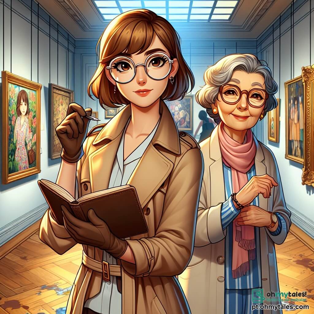 Uma detetive mulher, Maria Clara, está no centro da imagem, com cabelos castanhos e óculos redondos, exibindo uma expressão determinada e curiosa. Ela usa um trench coat bege e segura um caderno em uma mão, enquanto a outra mão está levantada, como se estivesse examinando uma pista. Ao seu lado, Ana, uma mulher de cerca de 50 anos com cabelos grisalhos e um sorriso caloroso, observa atentamente um velho quadro pendurado na parede, mantendo-se ligeiramente afastada, como para apoiar Maria Clara em sua investigação. O cenário é uma sala de exposição de arte, com paredes adornadas por pinturas coloridas e uma iluminação suave, criando uma atmosfera misteriosa. A situação principal mostra Maria Clara examinando uma mancha de tinta no chão, enquanto Ana observa o quadro, ambas imersas na busca por pistas sobre o misterioso desaparecido, Ricardo Almeida.