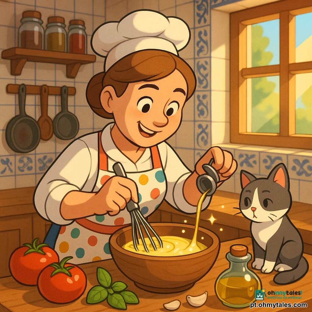 Marta, chef sorridente e concentrada, rosto redondo, cabelo castanho-claro em coque e avental colorido de bolinhas, mexe com um batedor metálico uma emulsão cremosa numa tigela de madeira enquanto verte lentamente azeite em fio; o gato Bolinha, pequeno e grisalho, está sentado no balcão de madeira próximo, curioso; sobre o balcão há tomates brilhantes, folhas de manjericão, dentes de alho e uma garrafa de azeite; a cozinha é luminosa com azulejos brancos e azuis, prateleiras com frascos de especiarias e uma janela aberta deixando entrar um raio de sol, criando uma atmosfera calorosa e alegre.