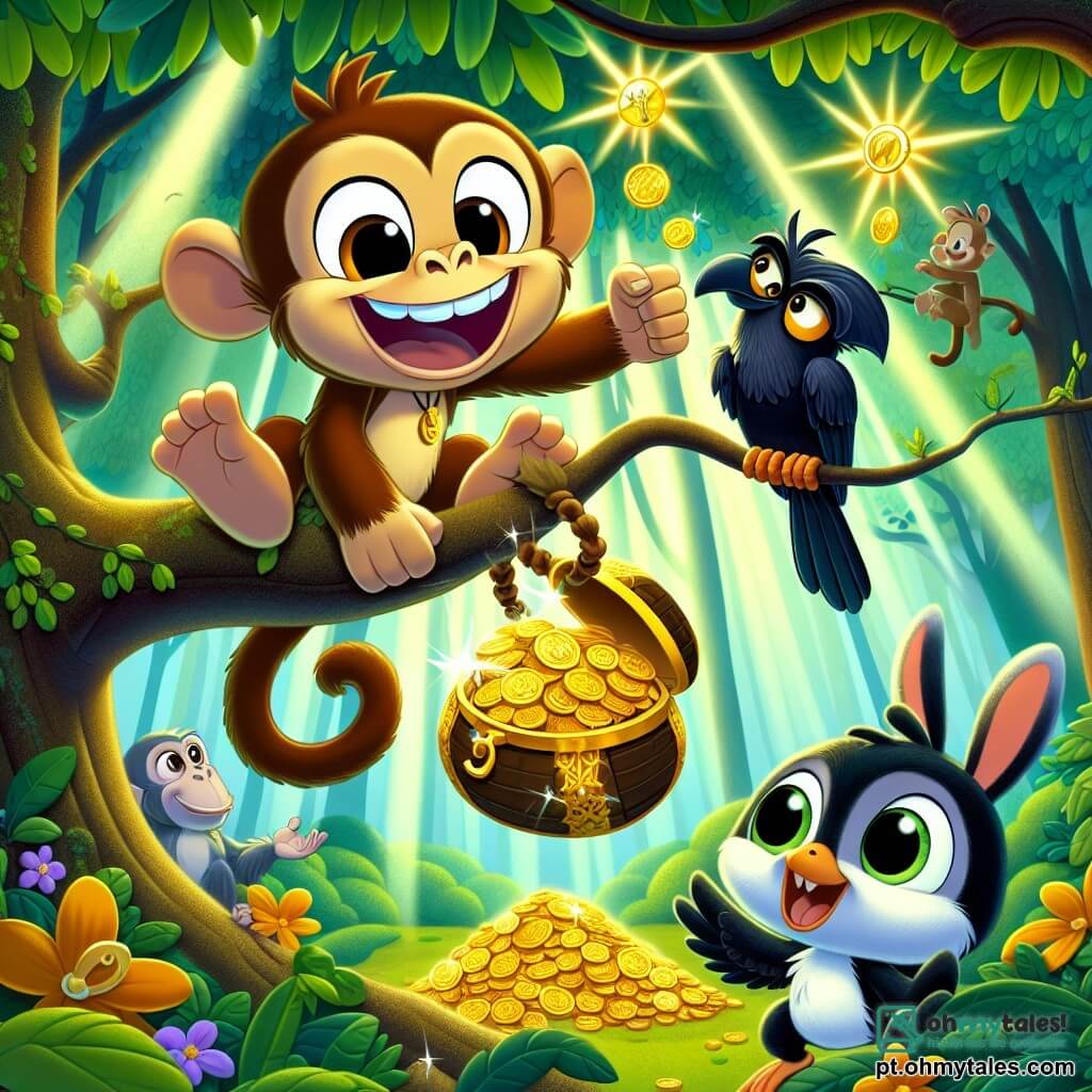 Um macaco alegre chamado Zico, com pelagem castanho claro e olhos brilhantes de travessura, está pendurado em um galho de árvore, sorrindo amplamente enquanto segura um tesouro reluzente de moedas de ouro e joias. Ao seu lado, uma corvo sábia chamada Olívia, com penas negras brilhantes e óculos redondos, está empoleirada em outro galho, observando com um olhar divertido e encorajador. Abaixo, um pequeno coelho chamado Tico, com grandes orelhas e pelagem branca, está em suas patas traseiras, com os olhos arregalados de surpresa, enquanto olha para o tesouro. A cena acontece na Floresta das Risadas, uma floresta encantada repleta de árvores majestosas com folhas verdes vibrantes, flores coloridas e uma suave luz filtrando através dos galhos. Zico, Olívia e Tico celebram a descoberta de um tesouro escondido, cercados de risos e uma atmosfera alegre, prontos para compartilhar sua aventura com todos os animais da floresta.