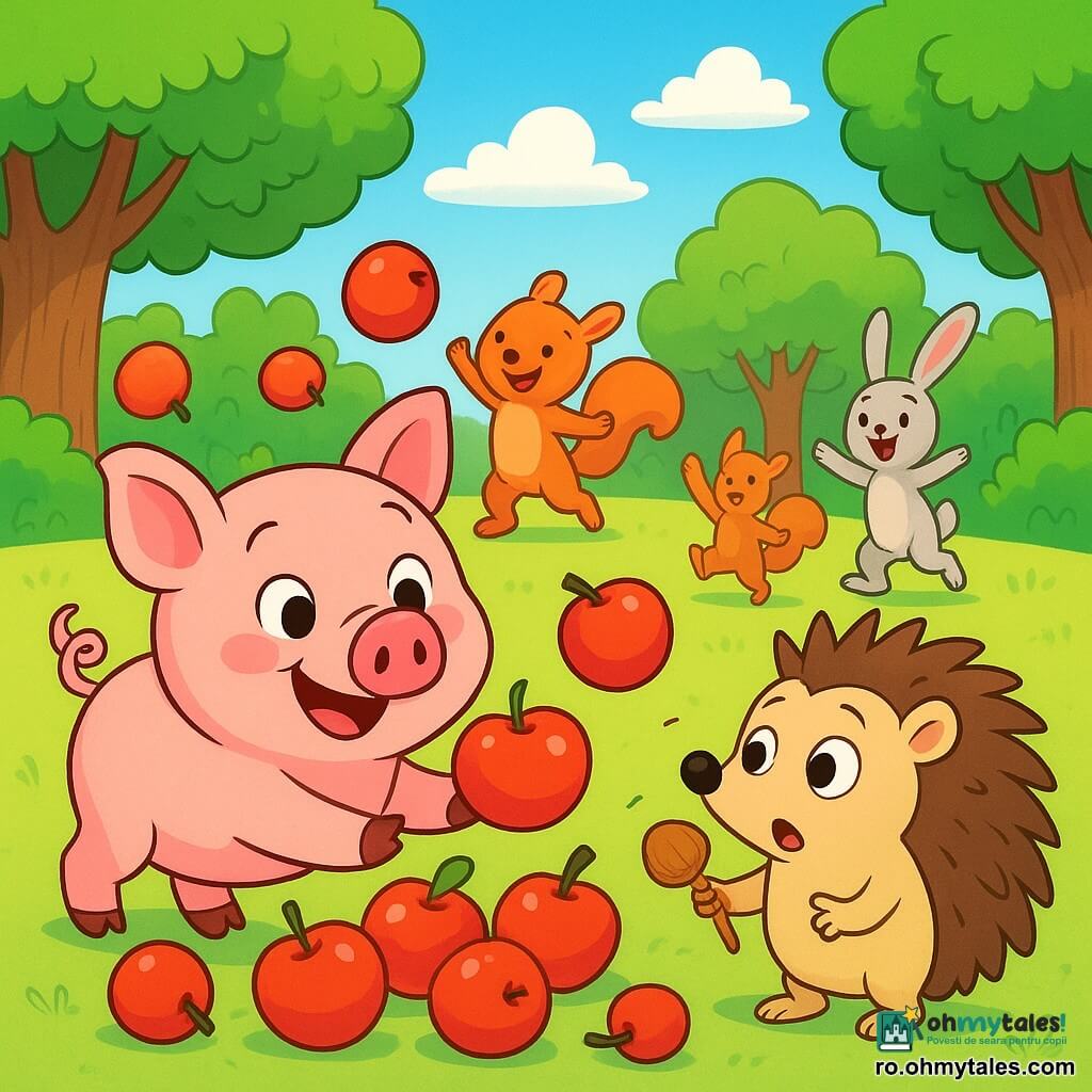 Un porc roz, cu o coadă mică în formă de tirbușon și cu ochi strălucitori de bucurie, stă în centrul unei poieni însorite, înconjurat de mere roșii și strălucitoare care se rostogolesc în toate direcțiile. Porcul, cu un zâmbet jucăuș, încearcă să adune merele împingându-le cu botul. Lângă el, un arici cu țepi aurii și ochi rotunzi, privește cu uimire, ținând un microfon făcut dintr-o ghindă și o sfoară, pregătit să anunțe recordul. În fundal, animale din pădure, precum iepurii și veverițele, râd și dansează în jurul lor, creând o atmosferă festivă. Poiana este înconjurată de copaci verzi cu frunze strălucitoare, iar cerul este de un albastru vibrant, presărat cu nori albi pufoși. Scena arată porcul și ariciul distrându-se încercând să creeze cea mai mare grămadă de mere, în timp ce celelalte animale se alătură petrecerii cu entuziasm.