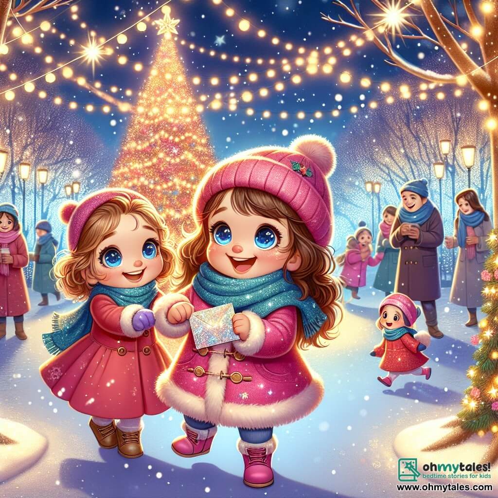 A 3-year-old girl named Lily, with curly brown hair, is wearing a bright pink coat and a blue scarf. She has large sparkling blue eyes and a wide smile on her face as she holds a shimmering letter in her small hands. Next to her is Ellie, another 3-year-old girl with curly golden hair, dressed in a red dress. She is joyfully smiling and looking at Lily with admiration, ready to join her on the adventure. The setting is an enchanting winter park, filled with twinkling lights hanging from the trees, a large illuminated Christmas tree in the center, and gentle snowflakes falling from the sky. Families gather around, sharing hot drinks and laughter. The main scene shows Lily and Ellie, hand in hand, dancing around the Christmas tree, with shining stars above them, as they prepare to send their letter to Santa Claus, full of joy and excitement.