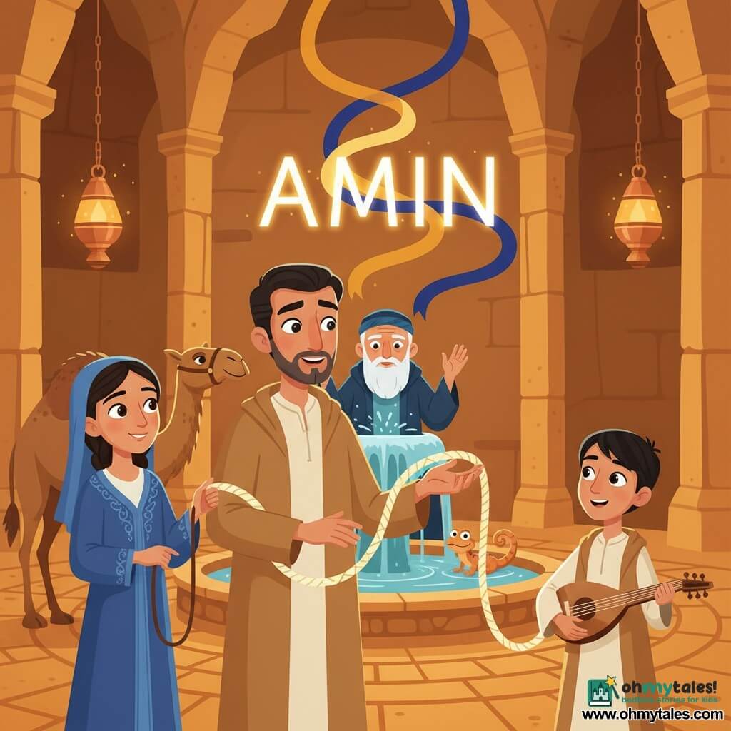 An adult man stands center, moved and serene with shining eyes, short hair and light beard, in a simple sand-colored coat, reaching toward a luminous cord weaving before him; to his left a teenage girl, Zahra (~16), in an indigo embroidered dress holds a camel-rope and smiles gratefully at him; to his right a thin boy, Farid (~10), black hair, holds a small lute and gazes in wonder at the light; an elderly man, the Guardian (~70), sits behind a circular fountain in a midnight-blue robe with a long white beard, hands raised as if blessing the scene; a small lizard perches on the fountain edge watching the light with a mischievous look; the setting is a large ochre stone troglodyte hall with hanging copper lamps and geometric mosaic floor, where three ribbons of light (gold, amber, deep blue) rise from the fountain, braid above it and slowly form the letters A M I N in clear script, creating a warm, magical atmosphere with strong contrasts.