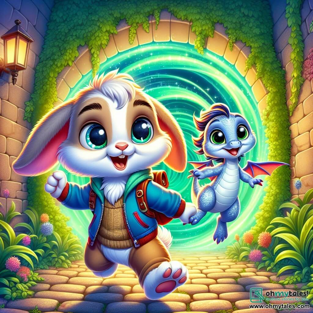 A little rabbit named Benny, with soft, silky light brown fur, wears a small blue jacket and a red backpack. He has big bright eyes and a brave smile, showing his excitement as he discovers a magical portal. Beside him is a little dragon named Lumi, with silver scales and sparkling wings, joyfully floating in the air, her eyes sparkling with happiness. The setting is an enchanted alley, lined with walls covered in lush ivy, illuminated by a soft green light emanating from the swirling portal, filled with vibrant colors like a rainbow. The main scene shows Benny and Lumi, hand in paw, ready to jump into the magical portal, their expressions full of wonder and adventure as they prepare to enter a fantastical world.