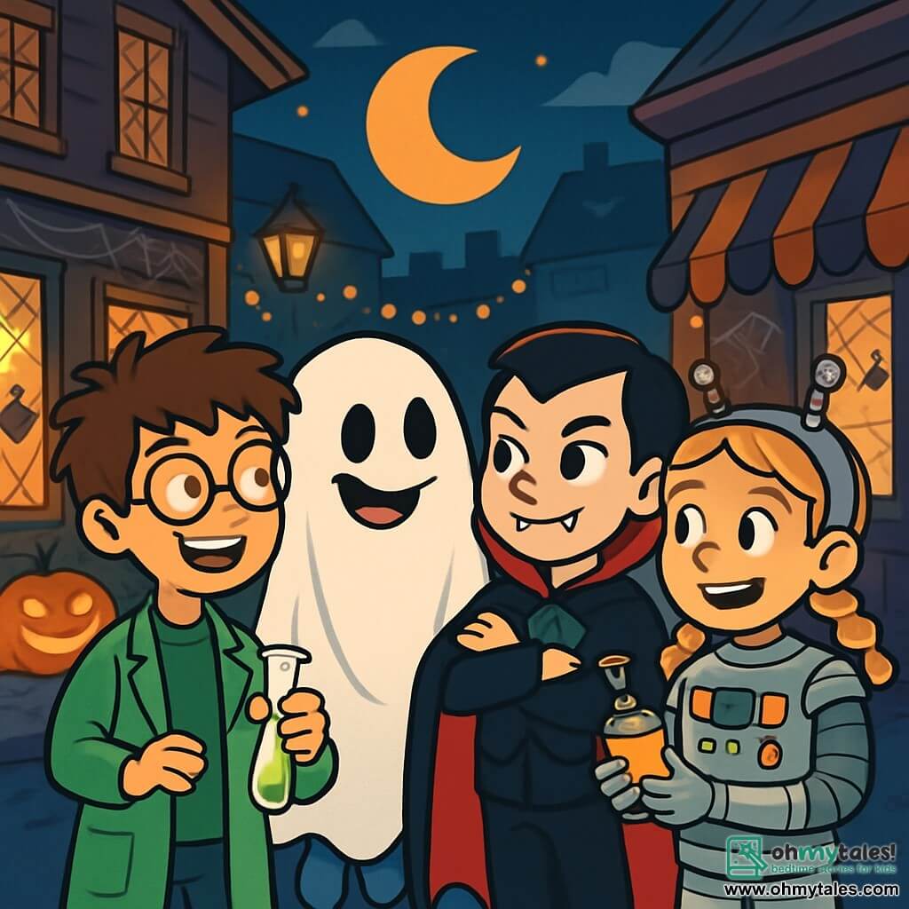 There are 4 children: Max, a 10-year-old boy with messy brown hair, wearing a green lab coat, round glasses, and holding a glowing test tube; Tyler, a 9-year-old boy dressed in a white sheet with cut-out eyes, floating slightly above the ground with a mischievous smile; Ethan, a 10-year-old boy with black hair and sharp plastic teeth, dressed as a vampire in a red cape with a mysterious look; and Jamie, a 9-year-old girl with braided blonde hair, wearing a silver robot costume with blinking lights and holding a small shiny gadget. The children are in the center of Maple Street, surrounded by Halloween-decorated shops with spider webs, grimacing pumpkins, and twinkling lanterns. The deep blue night sky is illuminated by a large orange moon. The main scene shows the excited and slightly nervous children deciding which shop to explore first, sharing smiles in a festive and slightly spooky atmosphere, ready for an unforgettable adventure.