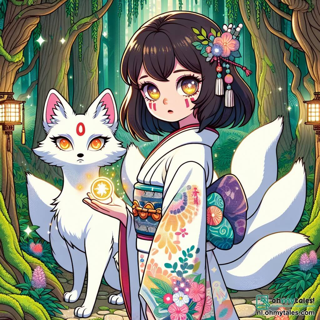 Yuki, een jonge vrouw van ongeveer 20 jaar, staat in het midden van de afbeelding, met zwart als ebbenhout haar en ogen die glanzen van nieuwsgierigheid. Ze draagt een traditionele kimono met kleurrijke bloemenmotieven, en haar gezicht toont een vastberadenheid vermengd met verwondering. Ze houdt een klein glinsterend amulet in haar hand en kijkt gefascineerd naar een kronkelig pad dat voor haar uitstrekt. Naast haar staat een kitsune, een prachtige magische vos met negen staarten, elegant. Haar ogen zijn feloranje en haar vacht is stralend wit, verlicht door het zonlicht. Ze lijkt Yuki te willen leiden, met een blik vol wijsheid en mysterie. Op de achtergrond speelt de scène zich af in een betoverd bos, met grote bomen met knoestige stammen en felgroene bladeren. Stralen zonlicht breken door het loof en creëren dansende lichtpatronen op de met mos bedekte grond. Kleurrijke bloemen en Japanse lantaarns versieren het pad, wat een vleugje magie aan de omgeving toevoegt. De hoofdsetting toont Yuki, vol hoop, klaar om het mysterieuze bos te verkennen, vergezeld door de kitsune, terwijl ze zich voorbereiden om de verborgen geheimen van de yokai te ontdekken en de harmonie tussen mensen en de natuurgeesten te herstellen.