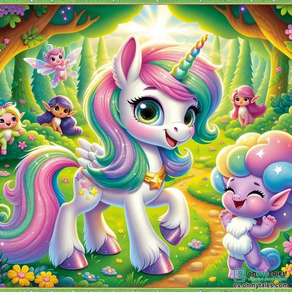 En un claro de bosque encantado, una magnífica unicornio llamada Estrella se encuentra orgullosamente en el centro de la imagen. Tiene una melena brillante de colores pastel, con reflejos rosas y violetas, y un cuerno dorado que brilla bajo el sol. Su expresión es alegre y curiosa, con sus grandes ojos brillando de emoción mientras observa a los duendes a su alrededor. A su lado, Zipo, un pequeño ser mágico mitad dragón mitad nube, flota alegremente en el aire. Tiene un cuerpo esponjoso y colorido que cambia de tono según su humor, y sus ojos dorados brillan de travesura. Está riendo, listo para proponer una carrera de nubes a los duendes. El lugar es un claro verde, rodeado de árboles con hojas brillantes, donde crecen flores multicolores en abundancia. Rayos de sol atraviesan el follaje, iluminando la escena con una luz cálida y mágica. La situación principal muestra a Estrella y Zipo, rodeados de duendes risueños, listos para participar en una divertida carrera de nubes. Los duendes, con sus orejas puntiagudas y rostros traviesos, ya están sobre nubes esponjosas, riendo y lanzándose al aire, mientras Estrella y Zipo los animan con entusiasmo.