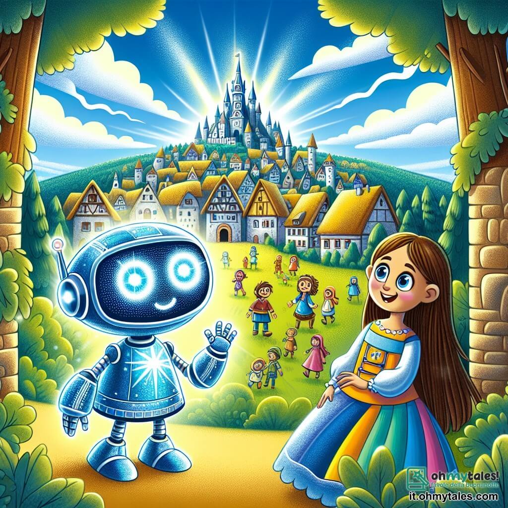 Zippy, un piccolo robot di metallo blu scintillante con grandi occhi luminosi e un sorriso curioso, si trova al centro dell'immagine, con le braccia aperte e un'espressione di meraviglia sul volto. È circondato da una luce brillante che simboleggia il viaggio nel tempo. Alla sua destra, una giovane ragazza di nome Mia, con lunghi capelli castani e occhi scintillanti, indossa un vestito colorato e sorride gioiosamente alzando la mano per salutare Zippy. Sullo sfondo, si estende un magnifico paesaggio medievale: un pittoresco villaggio con case di pietra dai tetti di paglia, alberi verdi e un maestoso castello che sovrasta la scena. Il cielo è di un blu brillante, punteggiato da nuvole bianche e soffici. La scena principale mostra Zippy e Mia, meravigliati, che scoprono insieme il villaggio medievale, mentre bambini giocano gioiosamente intorno a loro, creando un'atmosfera di felicità e avventura.