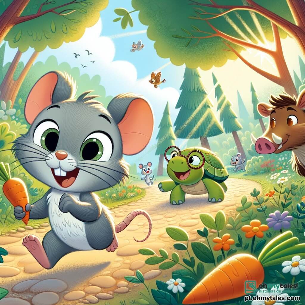 Um ratinho fofo, com pelagem cinza e olhos brilhantes de travessura, está correndo alegremente por um caminho na floresta, com um grande sorriso no rosto. Ao seu lado, uma tartaruga amigável, com uma carapaça verde e óculos redondos, observa Rato com admiração, enquanto um javali, com pelagem marrom e orelhas grandes, está fuçando nos arbustos, intrigado com o barulho da corrida. A cena se passa em uma floresta mágica, onde as árvores são altas e frondosas, com flores coloridas e raios de sol filtrando através dos galhos, criando uma atmosfera alegre e luminosa. Ao longe, pássaros cantam, adicionando uma melodia à aventura. Nesta ilustração, Rato está em plena corrida, com cenouras brilhantes escondidas pelo caminho, enquanto o javali para para olhar e a tartaruga incentiva Rato com entusiasmo.