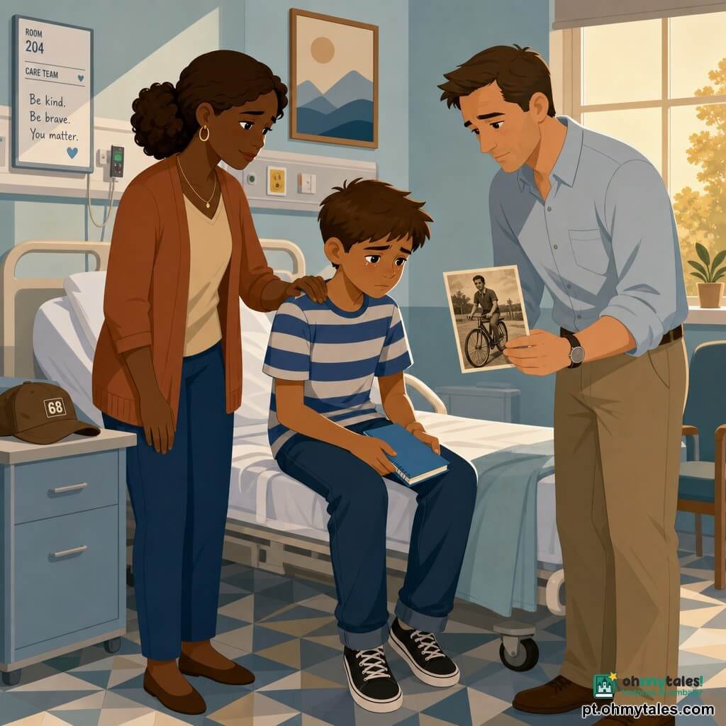 Um menino de 12 anos, triste e contemplativo, brinca com um pequeno caderno azul sobre os joelhos; cabelo castanho curto, camisola listrada azul e branca, olhos úmidos, postura curvada, sentado na beira de um leito hospitalar. Uma mulher (mãe, cerca de 35 anos) de rosto cansado mas doce, cabelo castanho apanhado, mão no ombro do menino, em pé à esquerda do leito, olhar protetor. Um homem (pai, cerca de 37 anos) de traços calmos e cansados, camisa clara, em pé à direita do leito, segurando uma antiga foto de um homem de bicicleta, ligeiramente inclinado para o menino. O leito hospitalar ao centro, lençóis brancos, manta dobrada, um boné castanho na mesa de cabeceira, uma pequena janela deixando entrar uma faixa de luz dourada, paredes em tons pastéis e chão com padrões geométricos simples. Situação: o menino dá um adeus silencioso diante do leito imóvel do avô; atmosfera sóbria e acolhedora, iluminação suave, composições claras, formas simples e cores tranquilas (azul-pálido, bege, toques de canela).