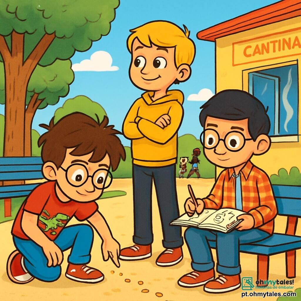 Há 3 personagens: - Pedro: Um garoto de 10 anos, com cabelos castanhos bagunçados e óculos redondos. Ele usa uma camiseta vermelha com um dinossauro e um short azul. Está agachado, examinando atentamente uma trilha de migalhas no chão. - Lucas: Um garoto de 10 anos, com cabelos loiros e lisos, com um sorriso travesso. Ele veste um moletom amarelo e uma calça preta. Está em pé, de braços cruzados, olhando para a janela aberta, com uma expressão intrigada. - Rafael: Um garoto de 10 anos, com cabelos pretos e óculos quadrados. Ele usa uma camisa xadrez e jeans. Está desenhando ideias em um caderno, sentado em um degrau ao lado de Pedro. O local é o pátio da escola, cercado por grandes árvores verdes e bancos coloridos. Ao fundo, vê-se a cantina com paredes amarelas e uma grande janela aberta, exalando aromas de comida deliciosa. Crianças brincam com bola e riem, adicionando uma atmosfera alegre à cena. A situação principal mostra os três amigos em plena investigação, procurando pistas para encontrar o misterioso pão de queijo gigante que desapareceu. Migalhas de pão estão espalhadas pelo chão, e uma janela aberta revela um céu azul brilhante. A excitação e a curiosidade estão visíveis em seus rostos, prontos para enfrentar o desafio impossível de recuperar o pão de queijo roubado.