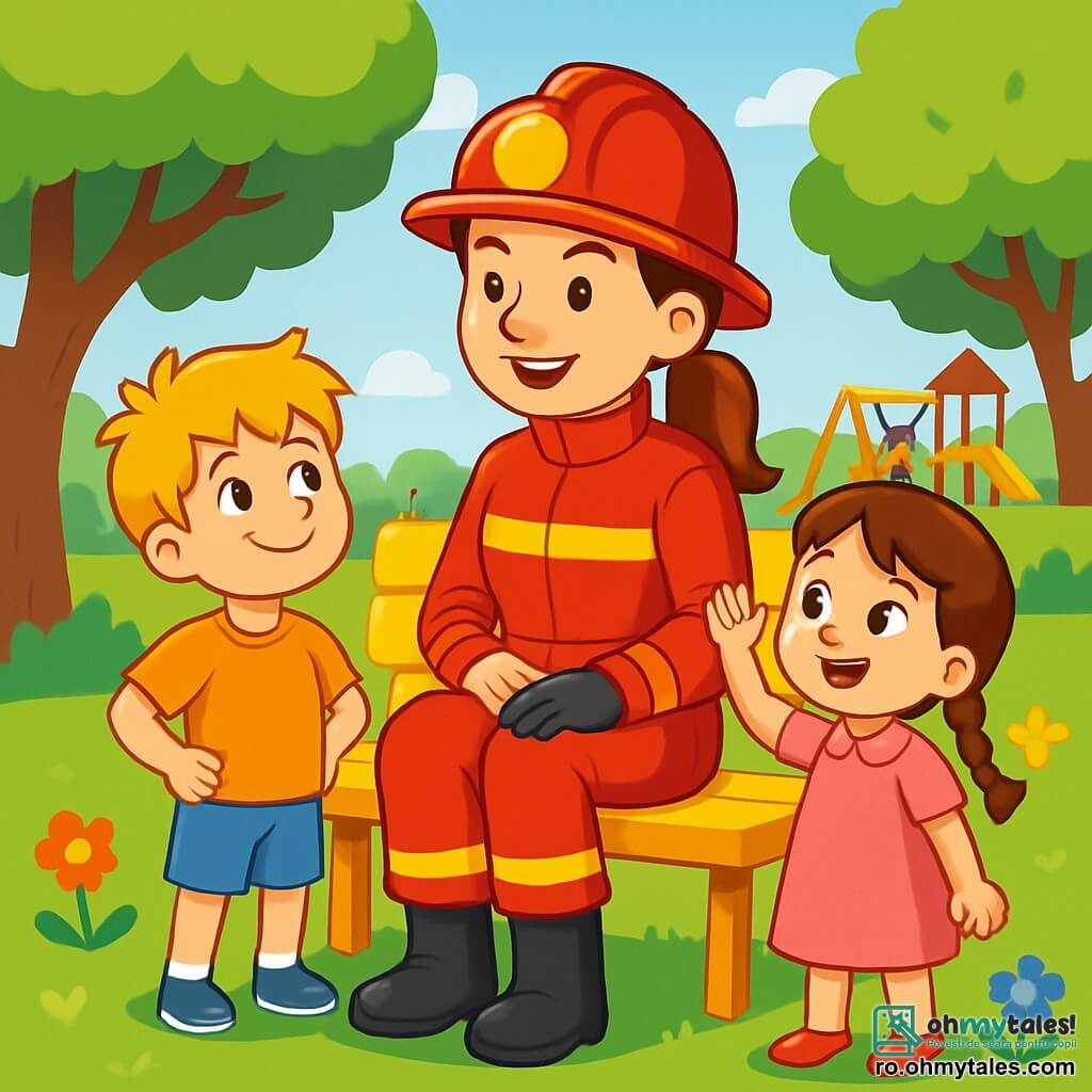 O femeie pompier curajoasă, Alina, stă pe o bancă într-un parc însorit, zâmbind cu mândrie și bunătate. Ea poartă un uniform roșu aprins, cu o cască strălucitoare și cizme negre, iar părul ei castaniu este prins într-o coadă de cal. Lângă ea, un băiat de 7 ani, Alex, cu ochii sclipitori și părul blond zbârlit, o observă cu admirație, cu mâinile pe șolduri, pregătit să asculte poveștile ei. Aproape de ei, o fetiță de 6 ani, Maria, cu împletituri brunete și o rochie roz, ridică mâna pentru a pune o întrebare, fața ei strălucind de curiozitate. Parcul este plin de verdeață, cu copaci foioși, flori colorate și copii jucându-se în depărtare. În fundal, o zonă de joacă animată adaugă o notă de bucurie scenei. Situația principală o arată pe Alina împărtășind povești captivante despre meseria ei de pompier, înconjurată de acești doi copii fascinați, creând o atmosferă caldă și inspiratoare.