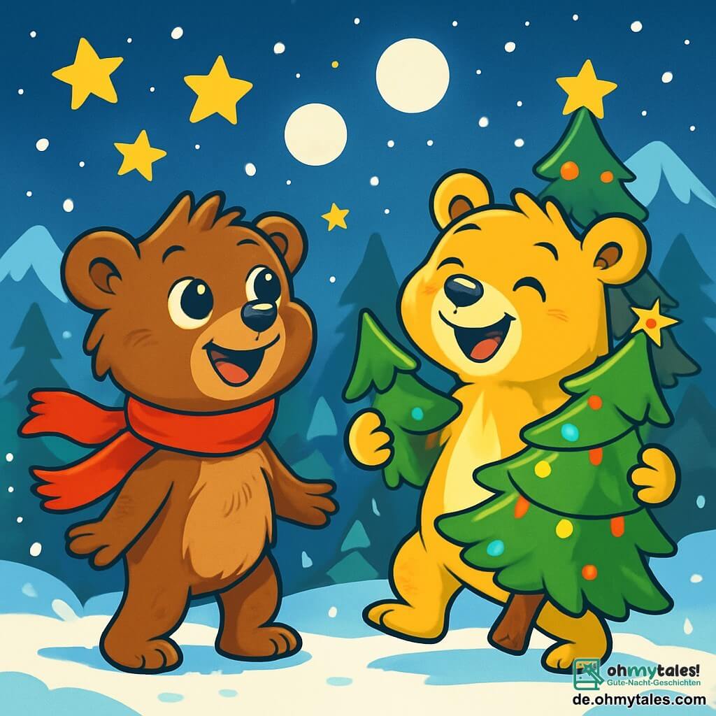 Ein kleiner brauner Bär namens Bruno, mit weichem, zerzaustem Fell, steht im Mittelpunkt der Szene, seine Augen glänzen vor Aufregung und ein breites Lächeln ziert sein Gesicht. Er trägt einen leuchtend roten Schal, der im Wind weht, während er die funkelnden Sterne am Nachthimmel betrachtet. Neben ihm lacht eine agile Bärin namens Maxi, mit goldenem Fell und weißen Flecken am Bauch, fröhlich und hält einen geschmückten Weihnachtsbaum mit bunten Lichtern. Sie hat funkelnde Augen voller Schalk und steht leicht nach vorne geneigt, bereit, den Baum in den Schnee zu werfen. Im Hintergrund sieht man eine große Holzhütte mit glitzernden Lichtern und einem großen geschmückten Baum, umgeben von verschneiten Bergen unter einem Sternenhimmel. Sanfte Schneeflocken fallen und schaffen eine magische, festliche Atmosphäre. Die Szene zeigt Bruno und Maxi, umgeben von ihren Bärenfreunden, die leuchtende Schneebälle in die Luft werfen, um das neue Jahr zu feiern, voller Freude und Freundschaft.